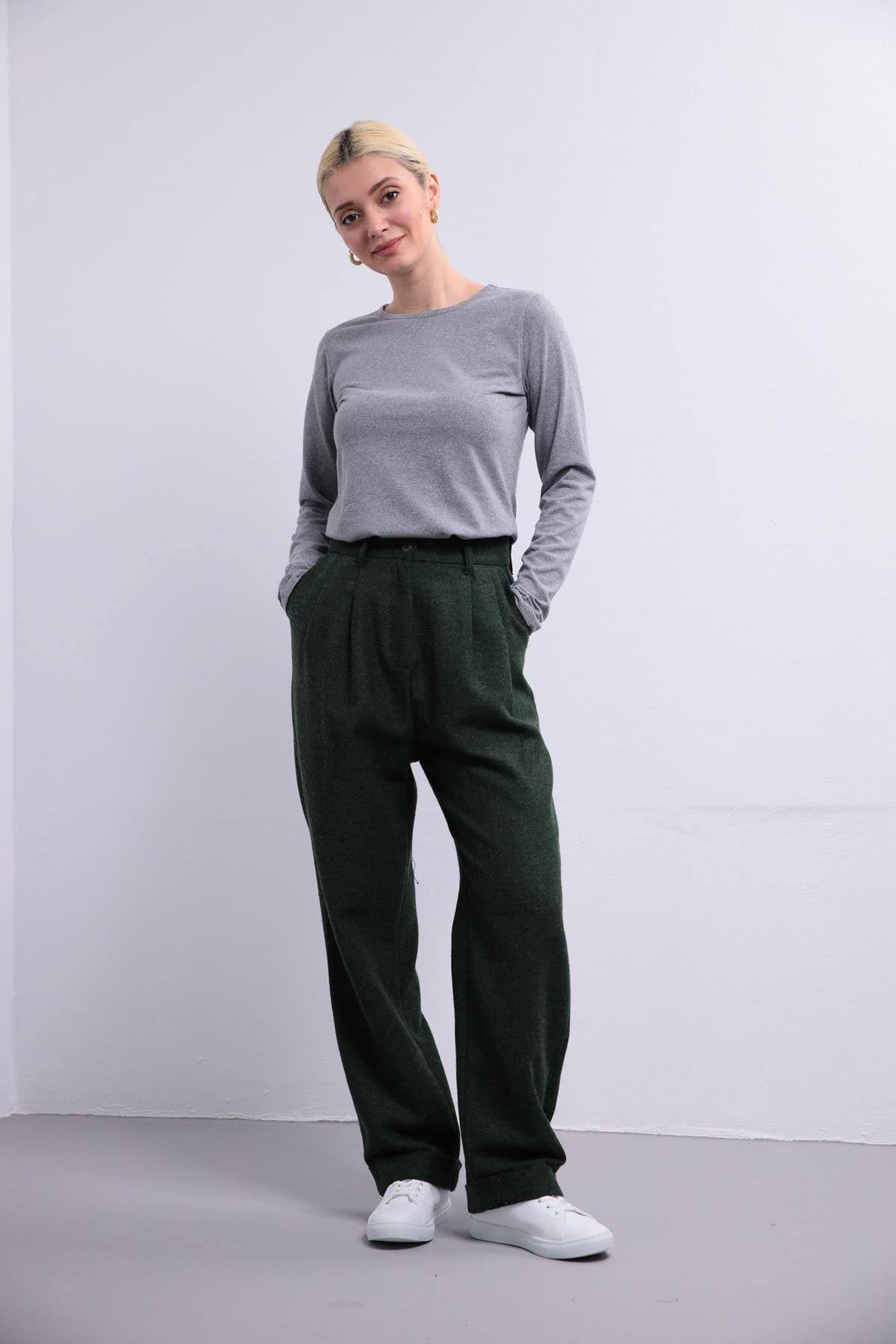  Haki Kırçıllı Paçası Katlı Pantolon