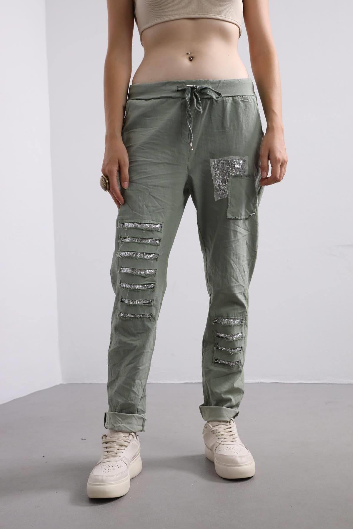 Khaki Sequin Detailed Trousers - Saman Butik | Shop Online Khaki Sequin Detailed Trousers