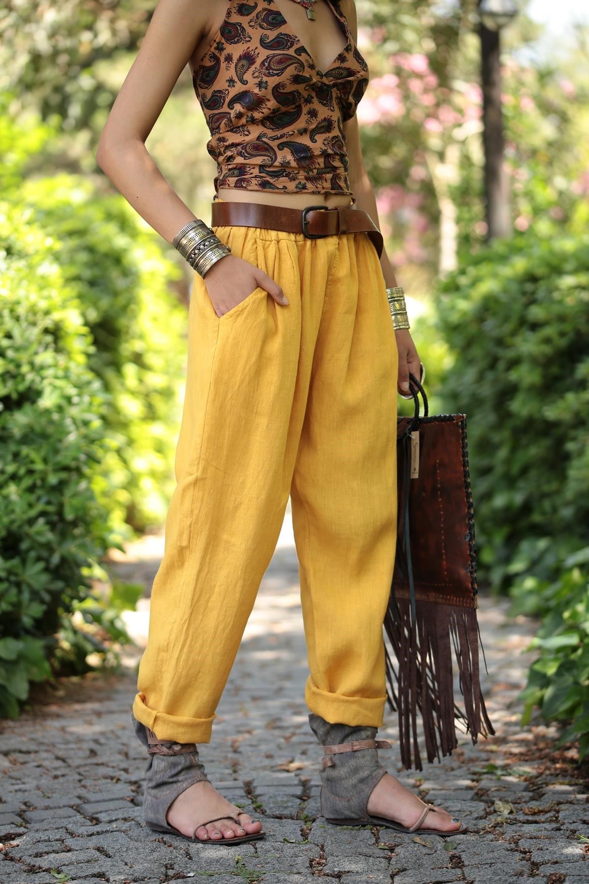  Hardal Beli İpli Keten Pantolon