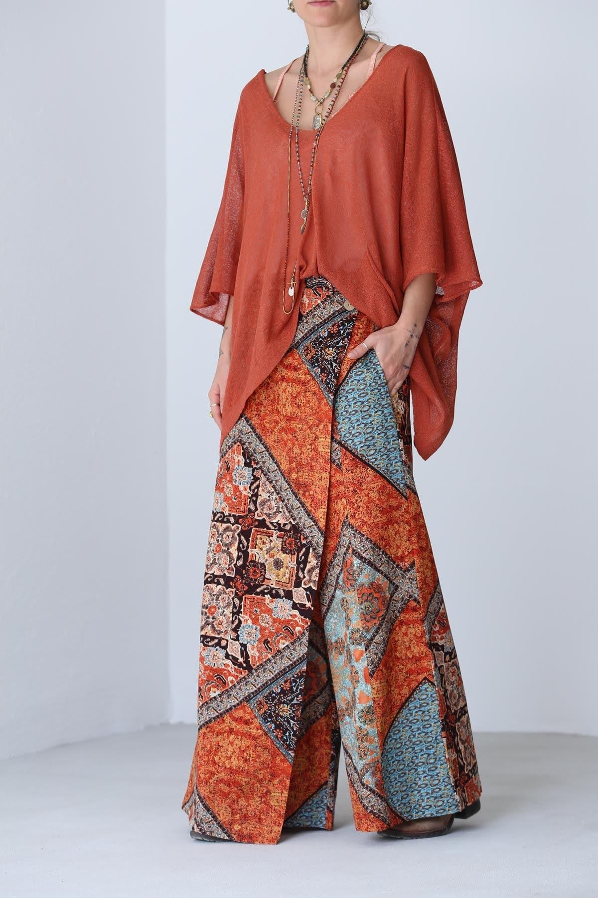 Brown Babylon Pattern Pocketed Wide Leg Trousers - Saman Butik | Shop Online Brown Babylon Pattern Pocketed Wide Leg Trousers