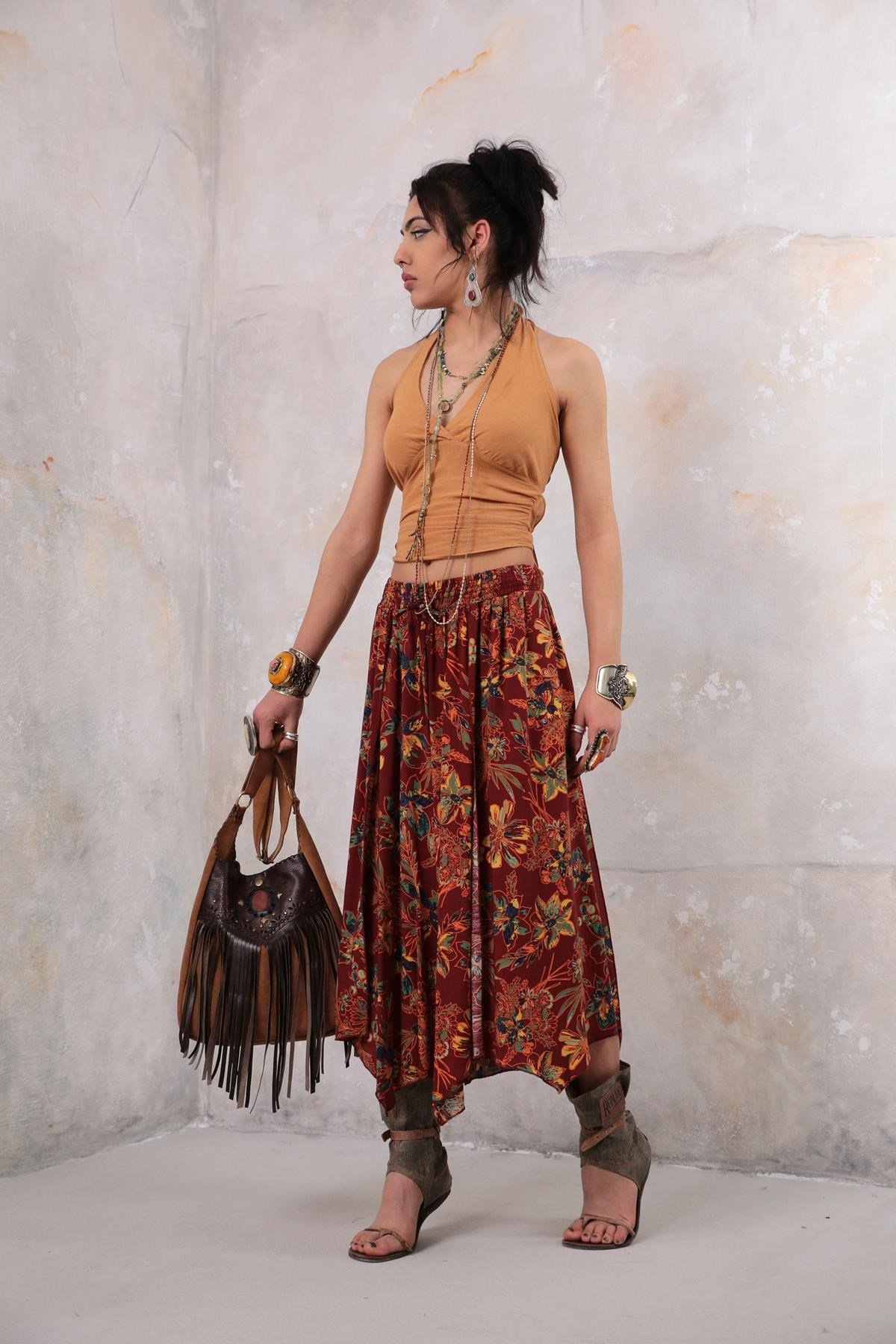 Saman Butik | Shop Online Brick Color Floral Short Trouser with Elasticated Waist