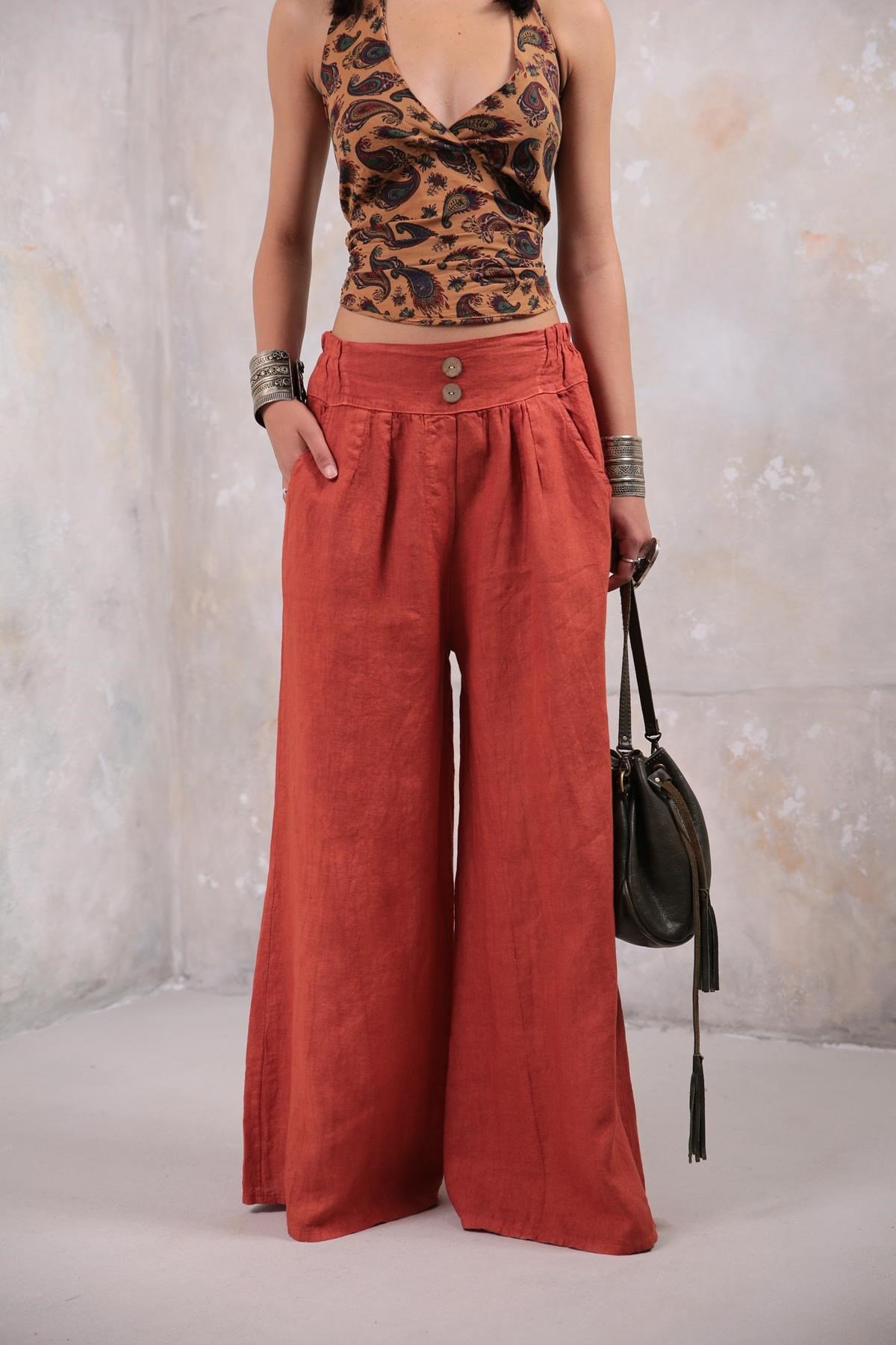 Kiremit Rengi Çift Düğmeli Bol Paça Keten Pantolon - Şaman Butik - Bohem  Giyim ve Aksesuar | Kadın & Erkek