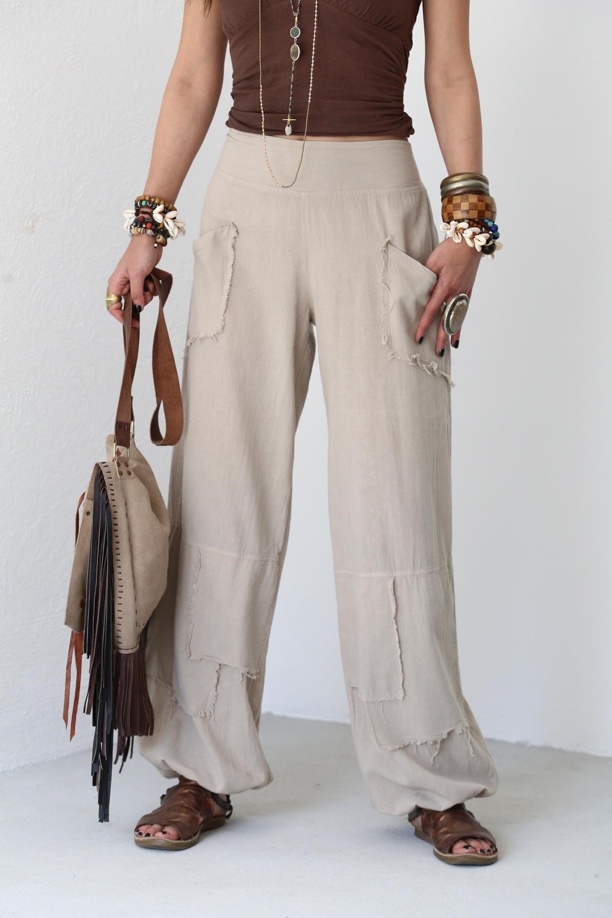 Cream Stitched Pockets Trousers - Şaman Butik | Shop Online Cream Stitched Pockets Trousers