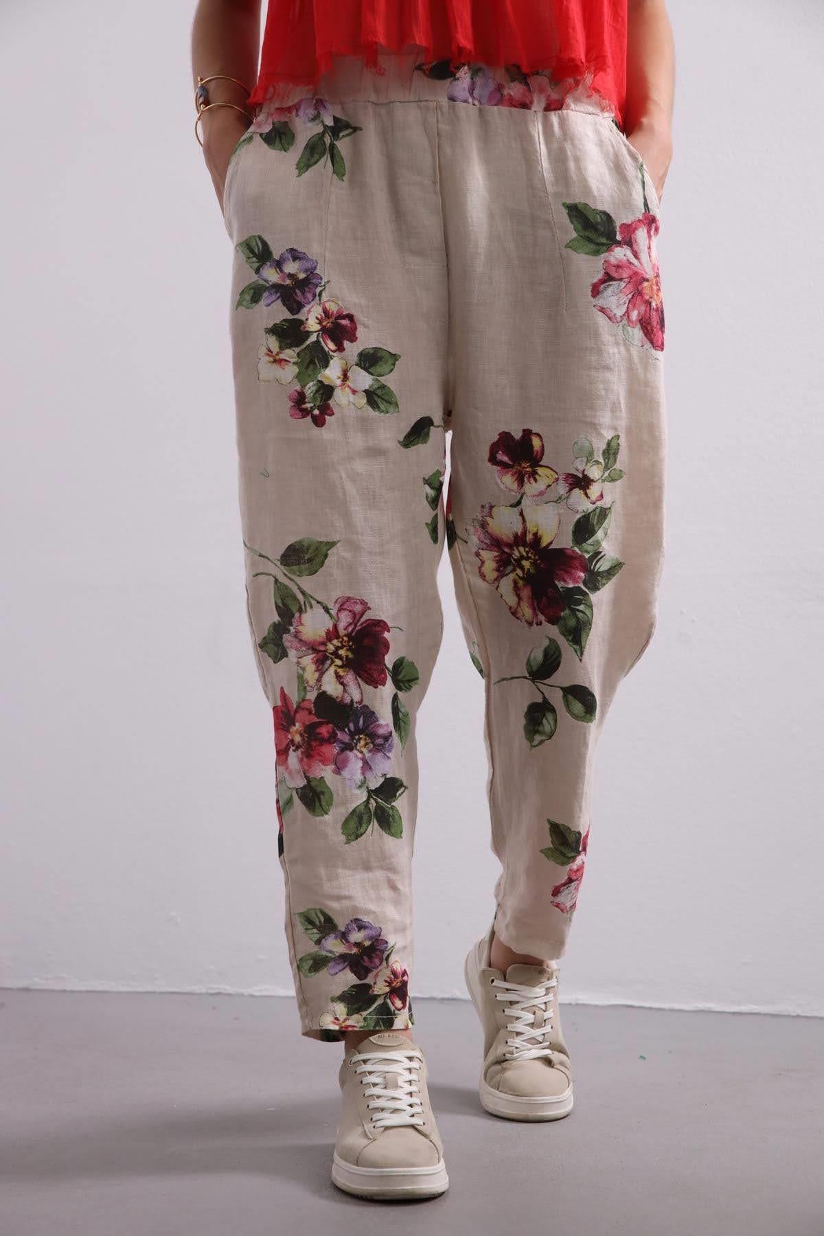 Cream Floral Carrot Trousers - Şaman Butik | Shop Online Cream Floral Linen Carrot Trousers