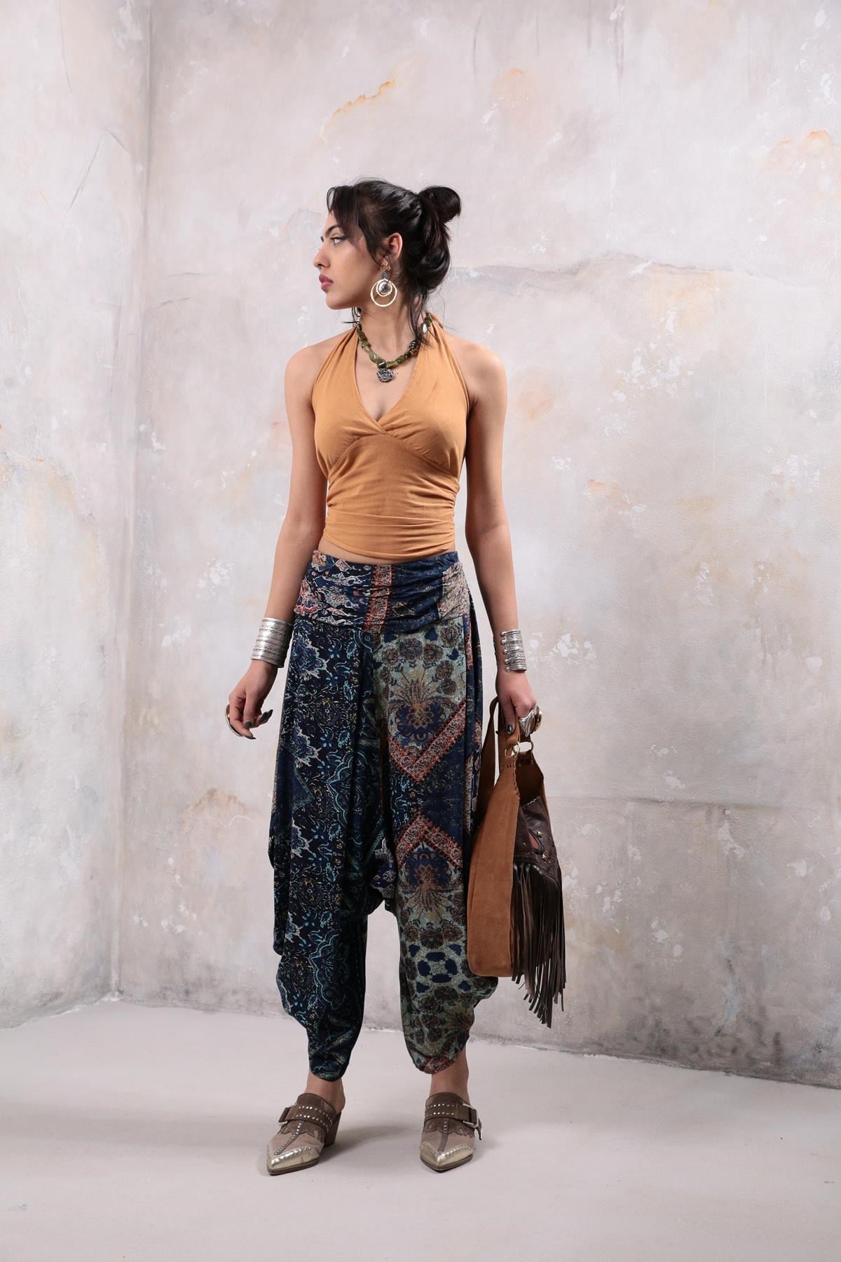  Lacivert Desenli Drape Bel Dökümlü Şalvar Pantolon