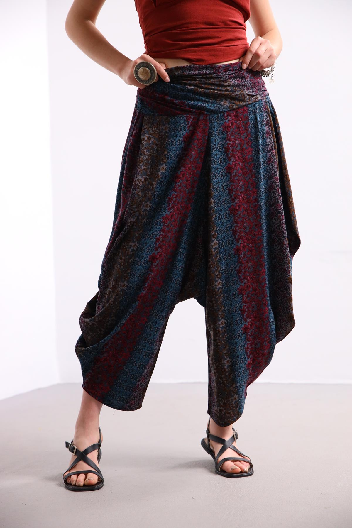 Mavi Drape Bel Dökümlü Şalvar Pantolon - Şaman Butik Mavi Drape Bel Dökümlü Şalvar Pantolon