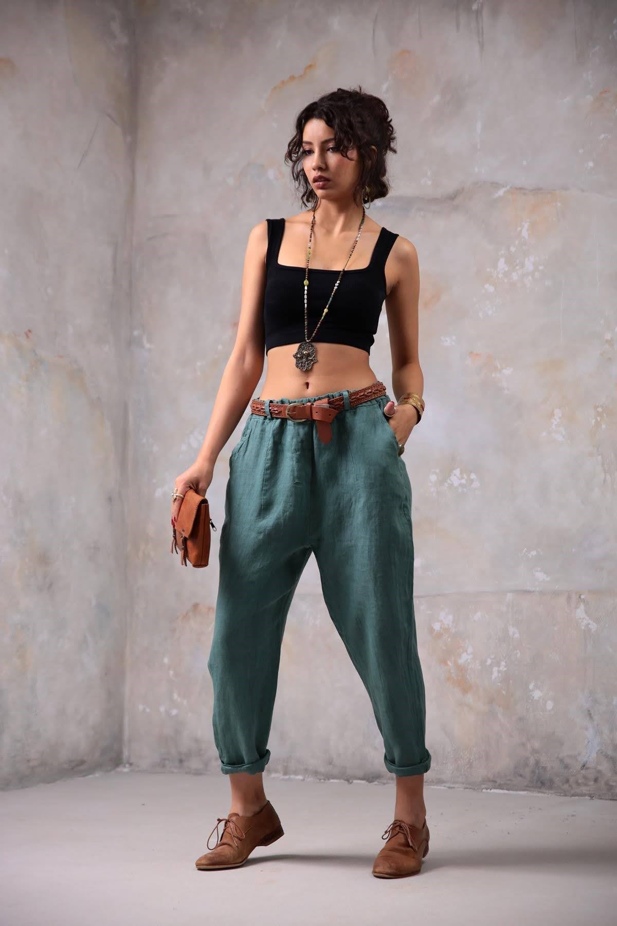 Mint Yeşili Keten Judith Pantolon - Şaman Butik Mint Yeşili Keten Judith Pantolon
