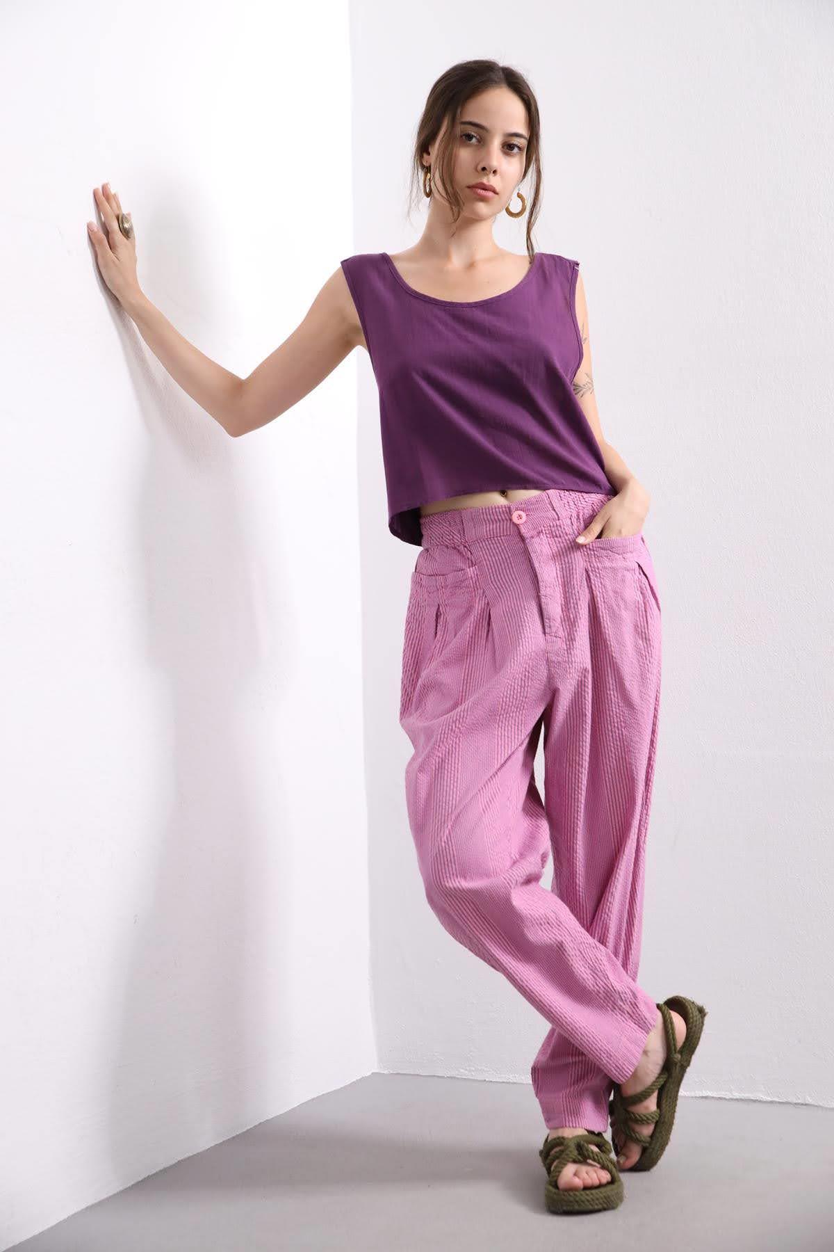  Pembe Çizgili Göz Cepli Pantolon