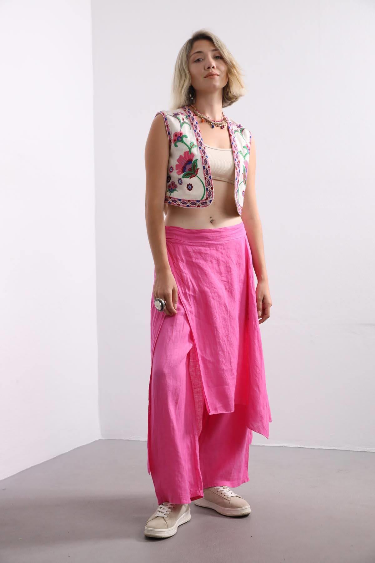 Pembe Parça Detaylı Keten Pantolon - Şaman Butik Pembe Parça Detaylı Keten Pantolon