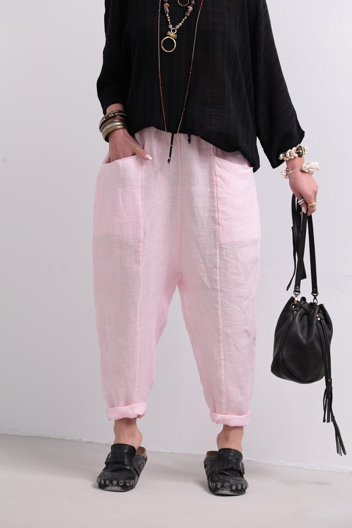  Pembe Torba Cep Detay Keten Pantolon