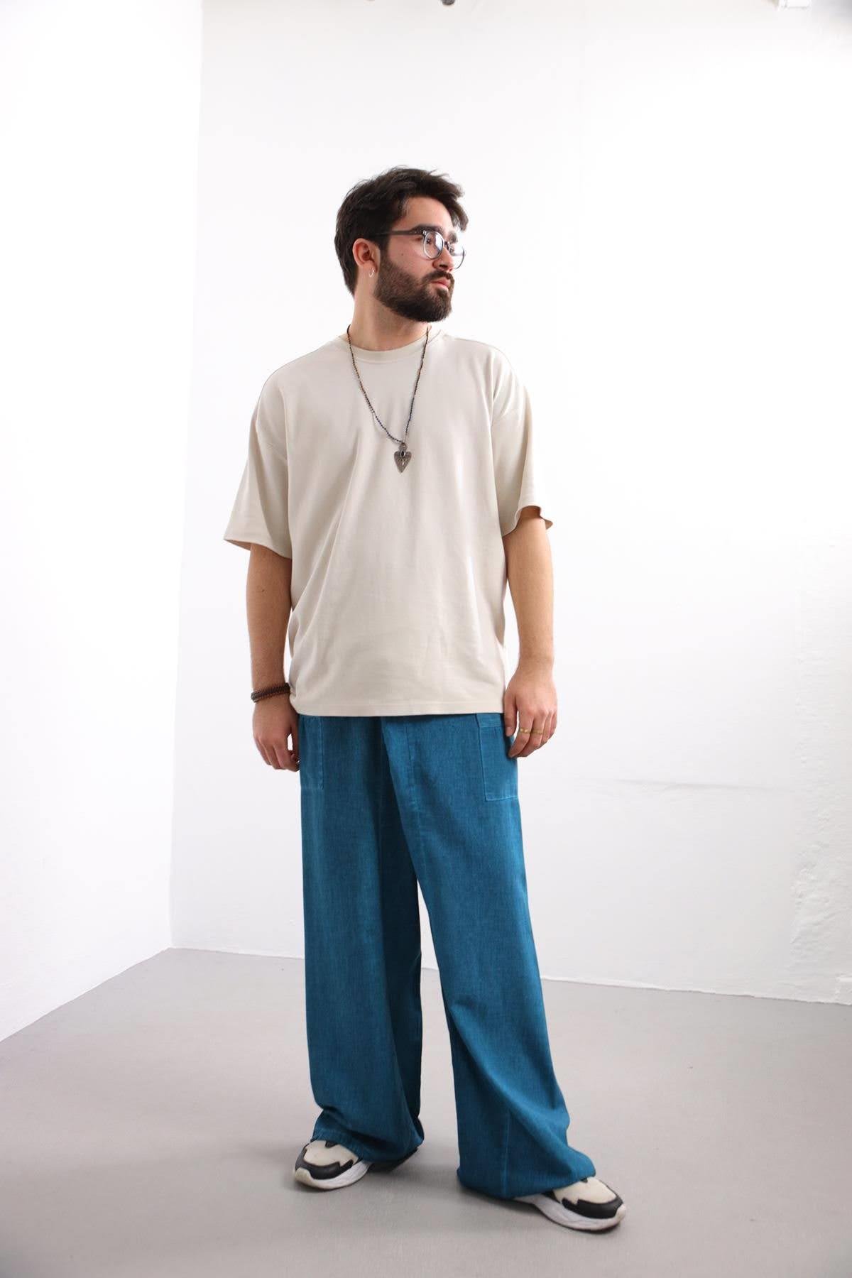  Petrol Mavi Yağ Yıkama Balıkçı Pantolon