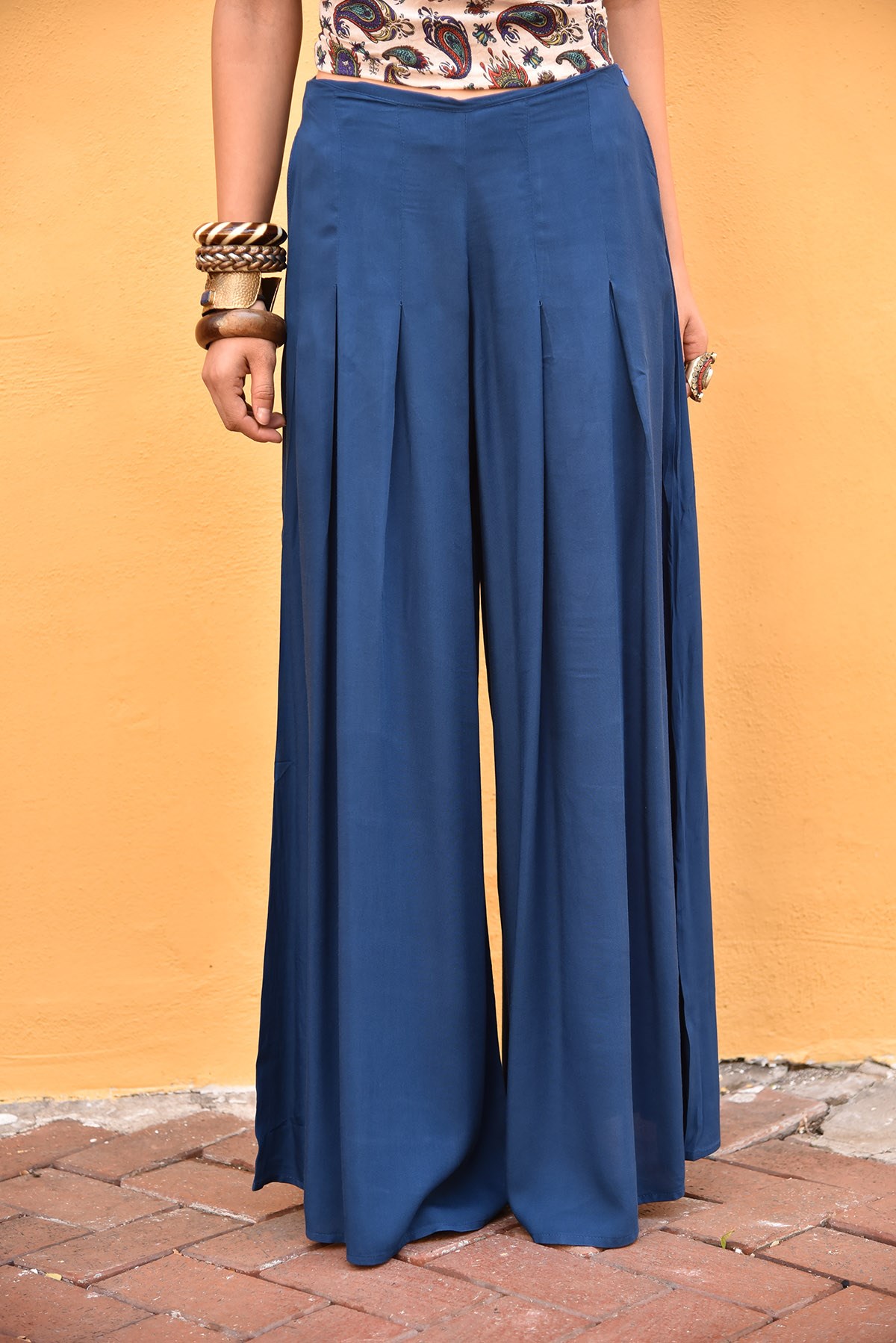 Petrol Blue Pleated Wide Leg Trousers - Şaman Butik | Shop Online