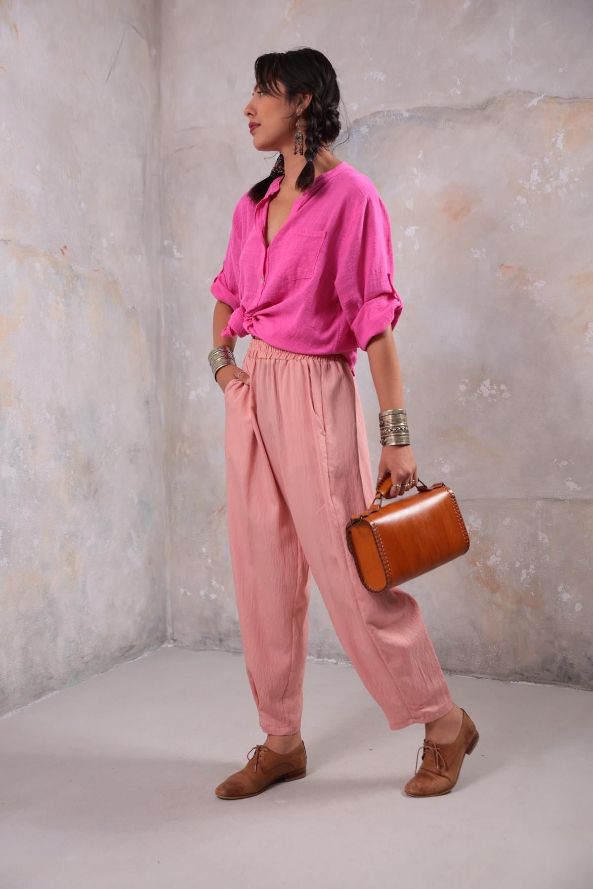 Pudra Pembe Beli Lastikli Pantolon - Şaman Butik Pudra Pembe Beli Lastikli Pantolon