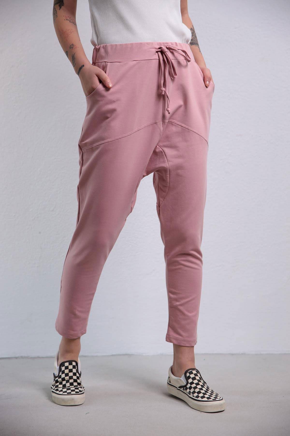 Pudra Pembe Dikiş Detaylı Ağı Düşük Pantolon - Şaman Butik Pudra Pembe Dikiş Detaylı Ağı Düşük Pantolon