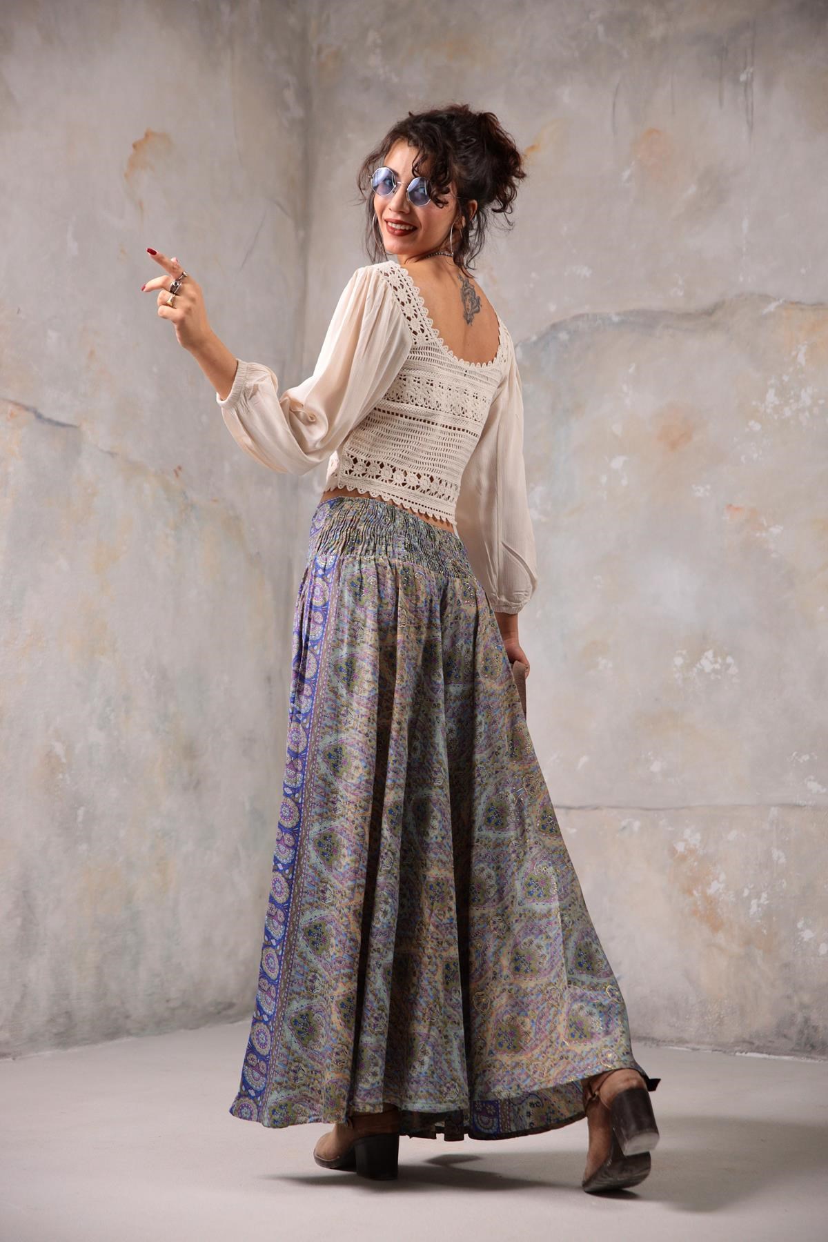 Saks Mavisi Şal Desenli Bol Paça İpek Pantolon - Şaman Butik - Bohem Giyim  ve Aksesuar | Kadın & Erkek