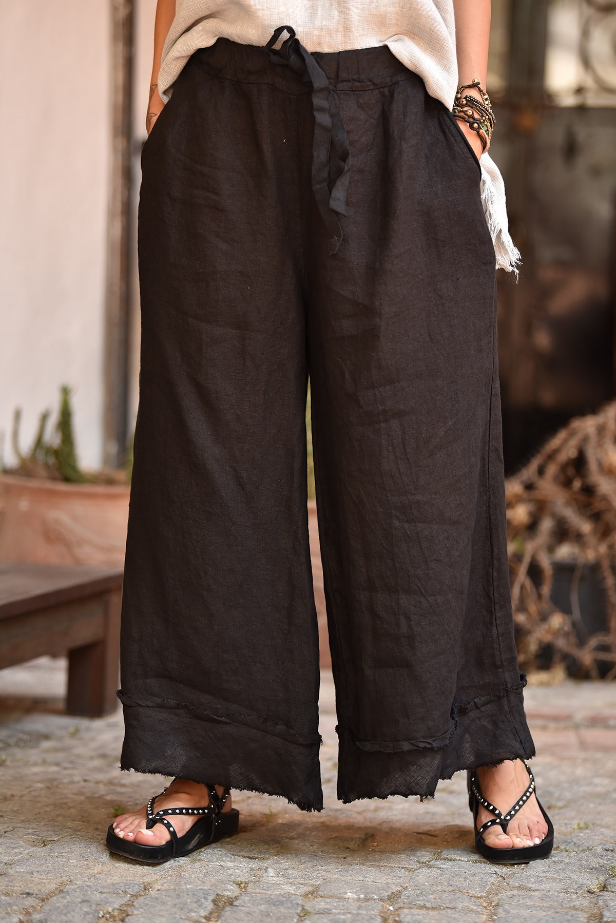 Black Wide Leg Stitched Linen Trousers - Şaman Butik | Shop Online