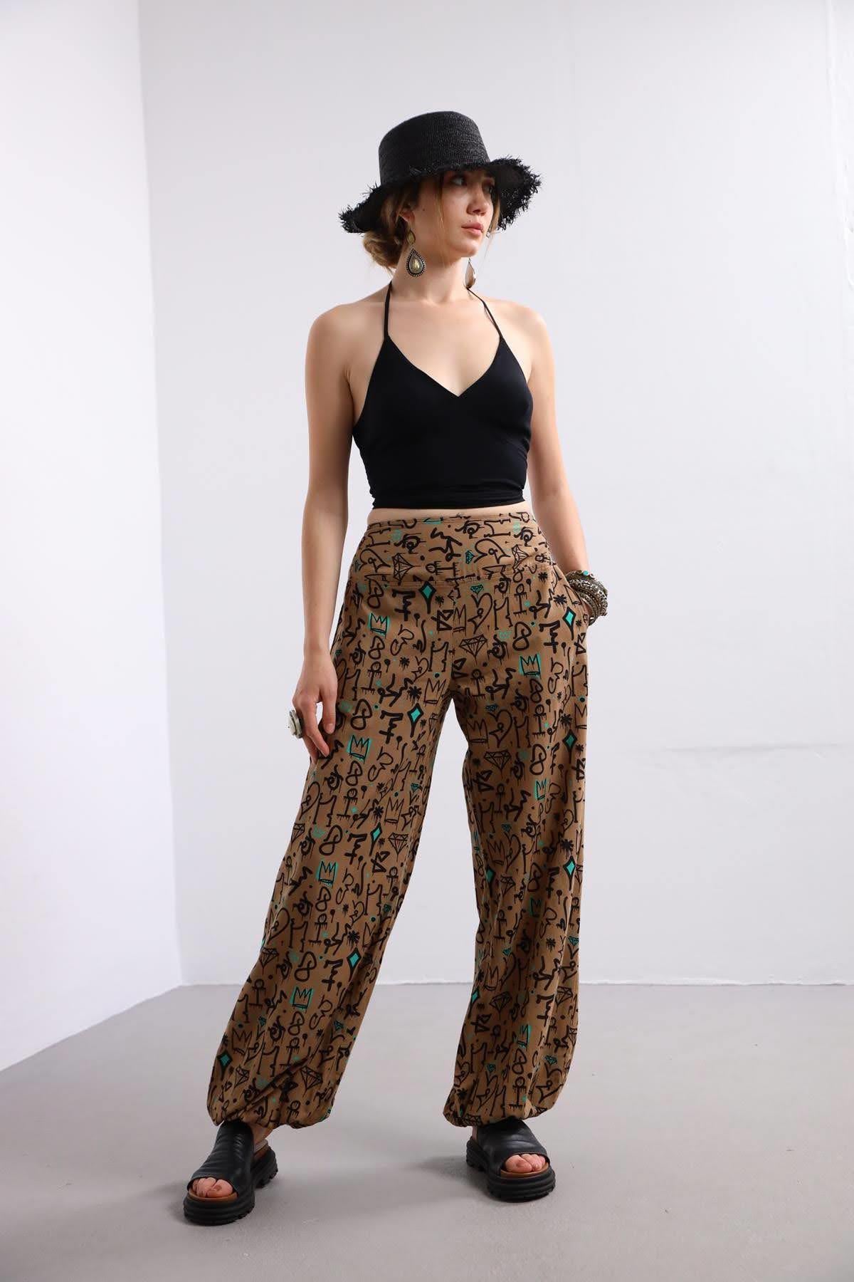 Tan Patterned Elastic Cuff Pants Tan Patterned Elastic Cuff Pants