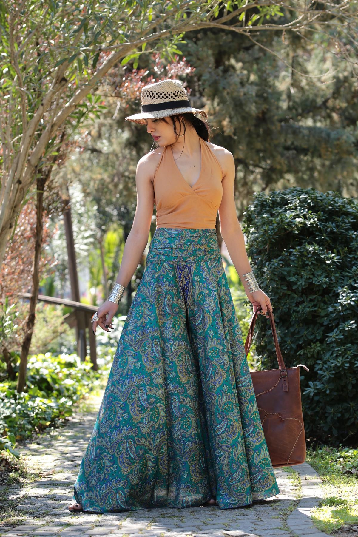 Emerald Green Patterned Waist Detail Silk Trouser Skirt - Saman Butik |  Shop Online