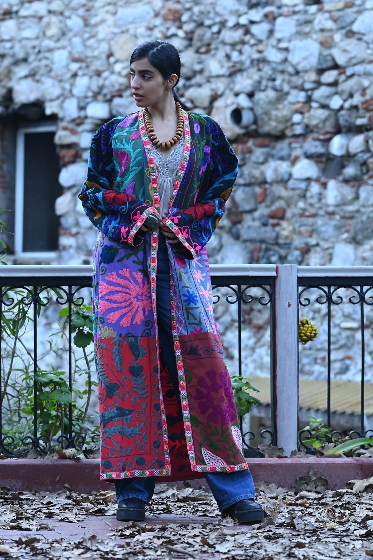 Renkli Ayna Detaylı Tasarım Suzani Patchwork Kaftan