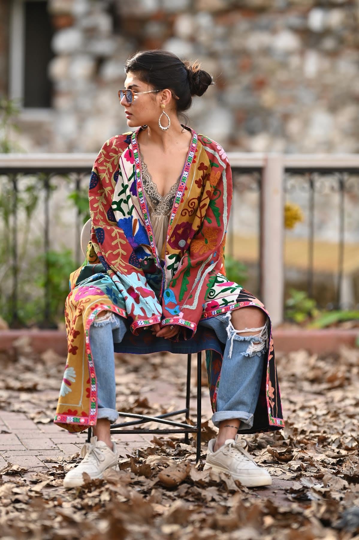 Renkli Ayna Detaylı Tasarım Suzani Patchwork Kaftan