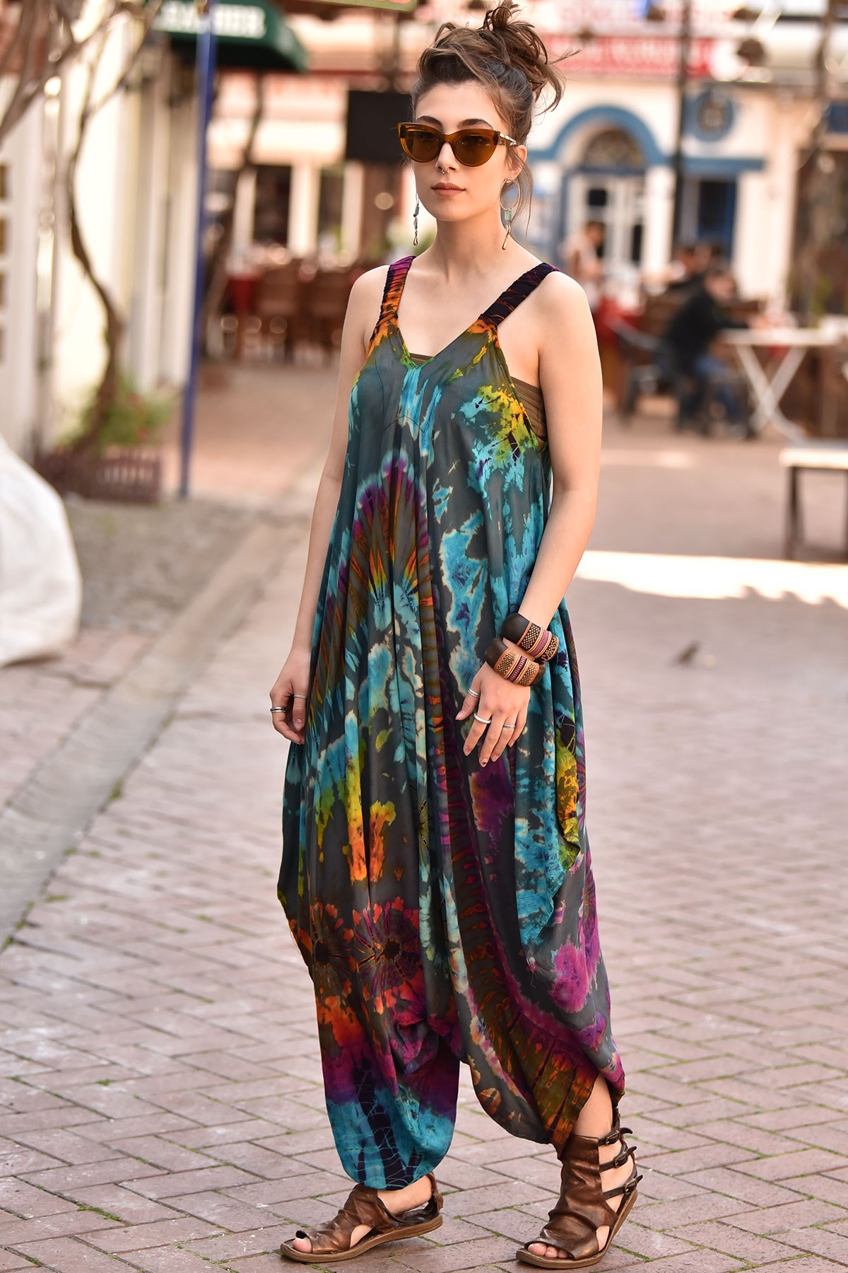 Tie Dye Gathered Overall - Şaman Butik | Boho Fashion
