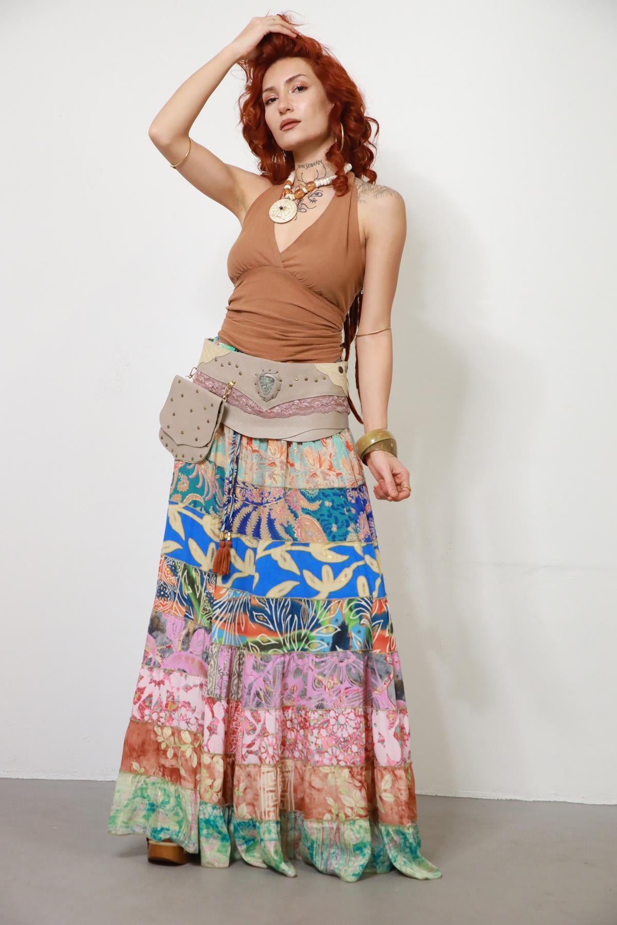 Renkli Patchwork Otantik İpek Etek