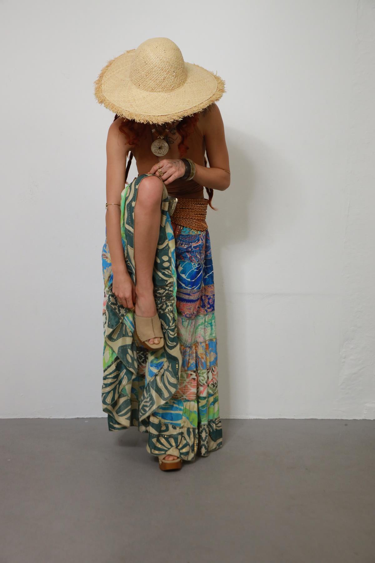 Renkli Patchwork Otantik İpek Etek