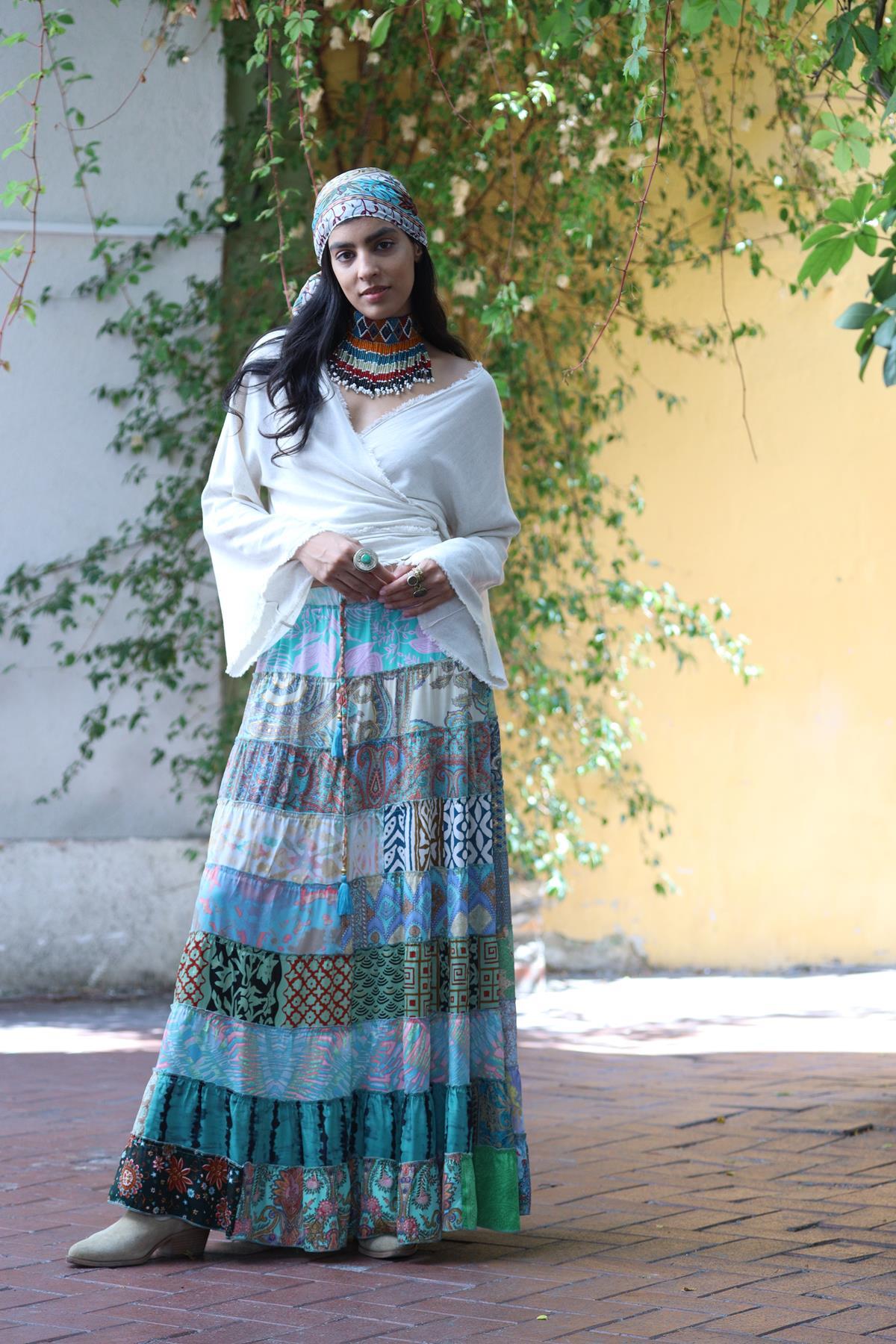 Renkli Patchwork Otantik İpek Etek