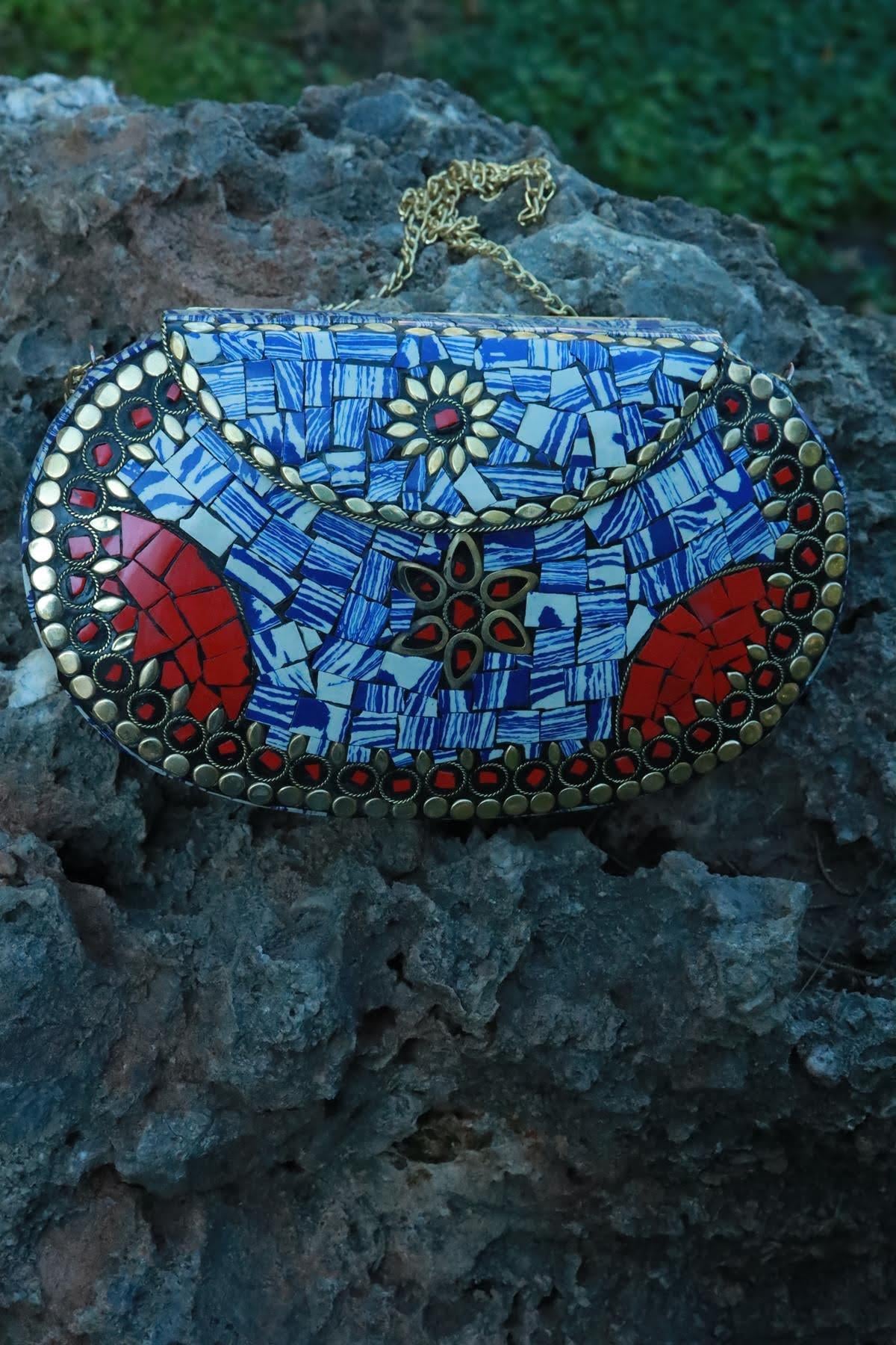 Saks Mavisi Taşlı Özel Tasarım Çanta