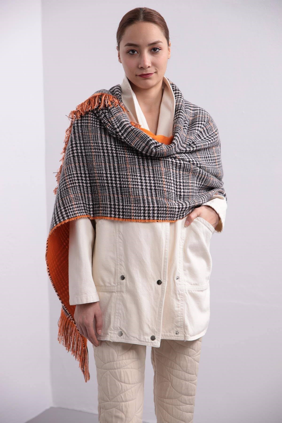 Turuncu Çift Taraflı Kalın Şal - Şaman Butik Turuncu Çift Taraflı Kalın Şal