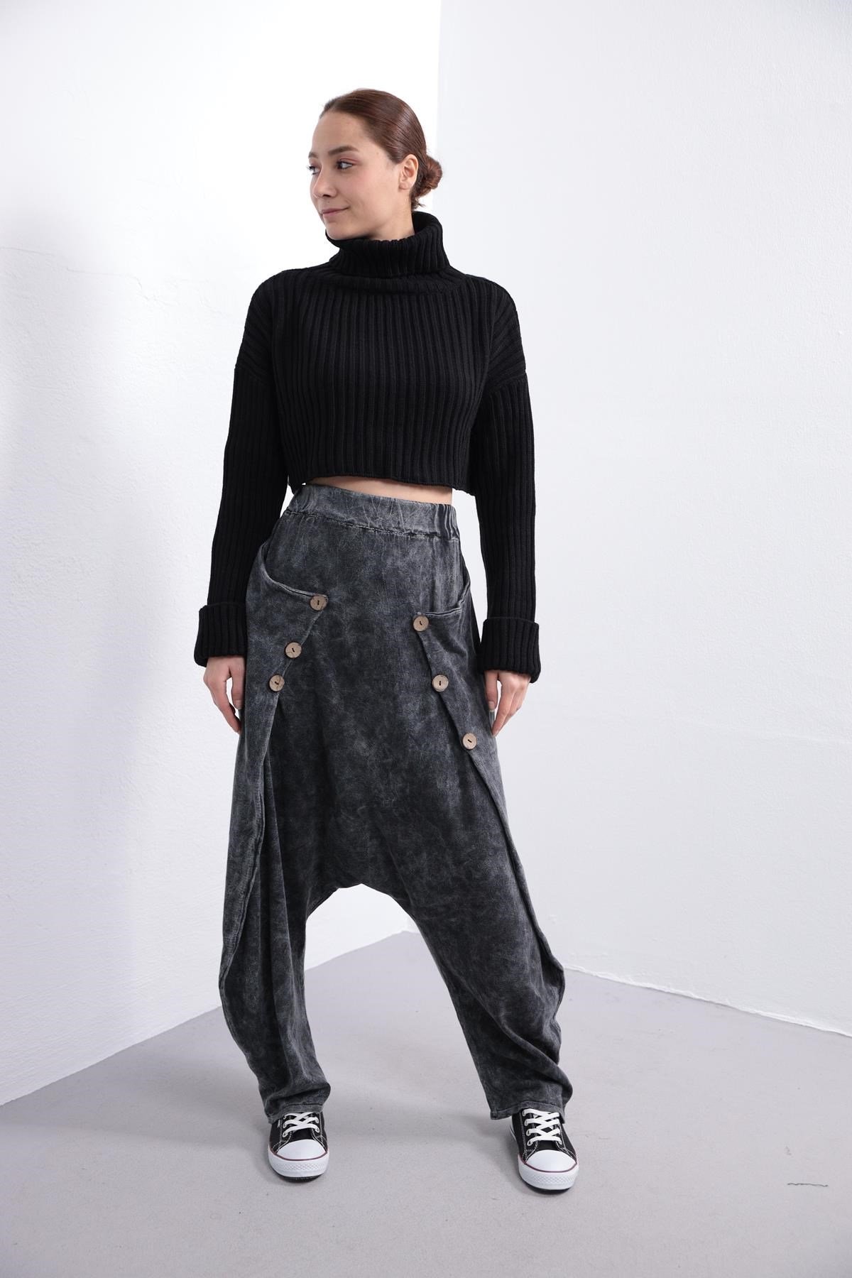 Anthracite Elastic Waist Buttoned Sides Drop Crotch Baggy Pants - Saman Butik | Shop Online Anthracite Elastic Waist Buttoned Sides Drop Crotch Baggy Pants