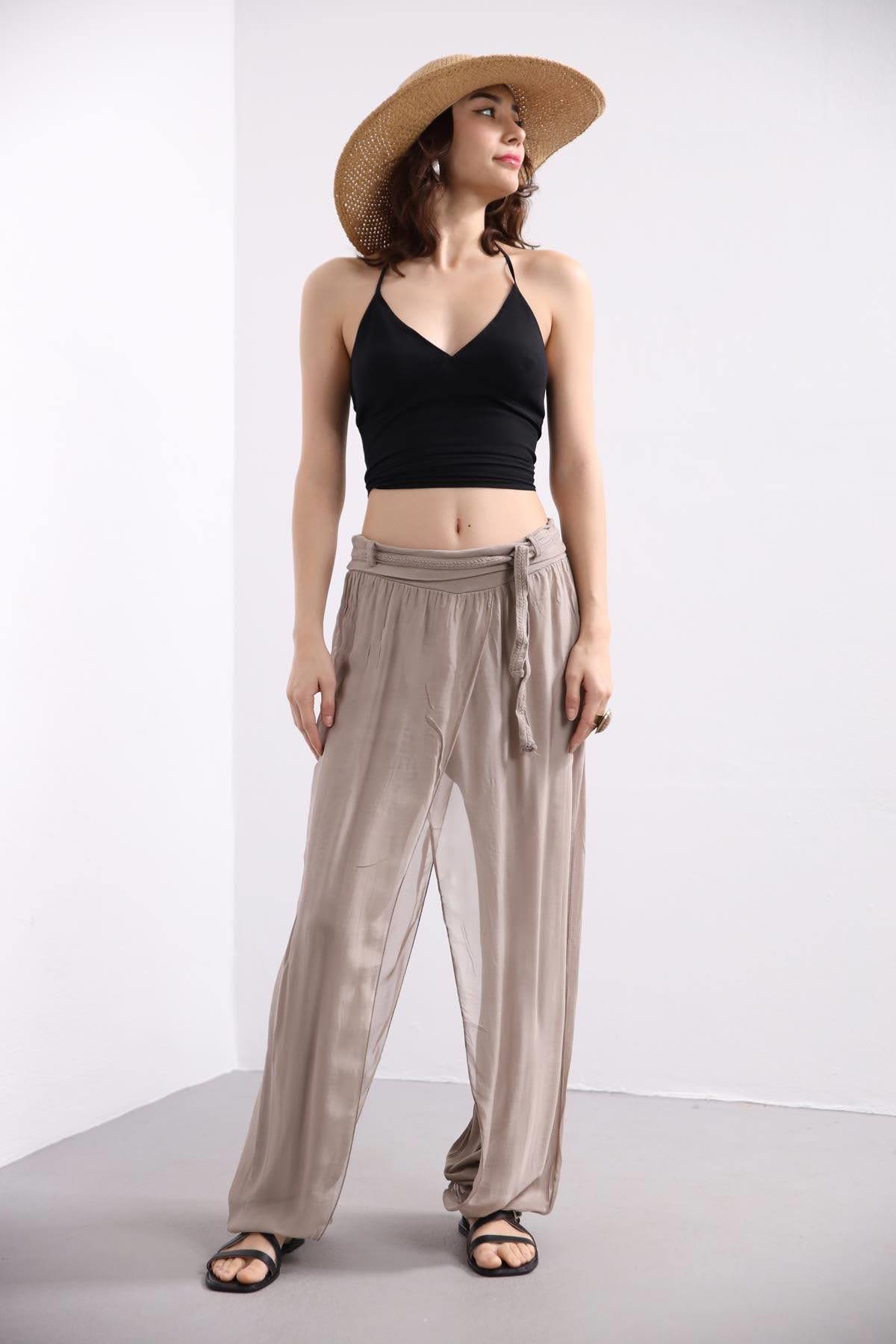 Beige Silk Harem Pants - Saman Butik