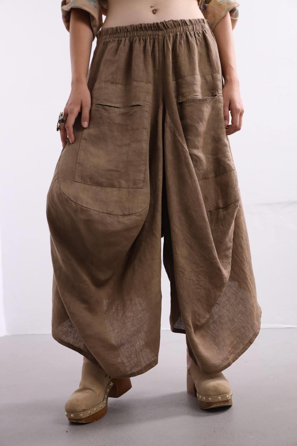 Camel Keten Kontes Şalvar - Şaman Butik Camel Keten Kontes Şalvar