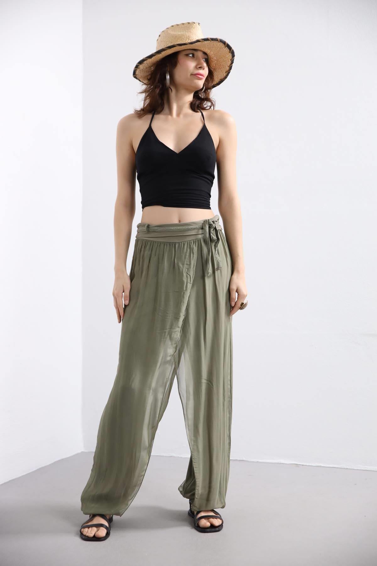 Haki İpek Dar Şalvar - Şaman Butik - Bohem Giyim ve Aksesuar | Kadın & Erkek Haki İpek Dar Şalvar