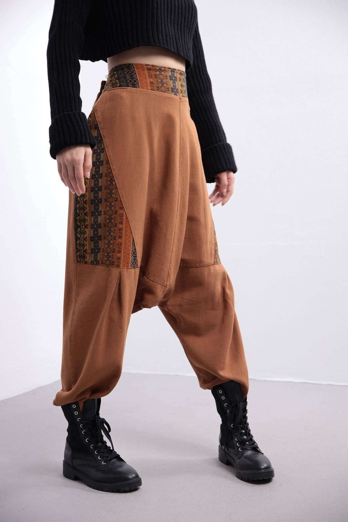 Kahverengi Desenli Paris Şalvar - Şaman Butik Kahverengi Desenli Paris Şalvar