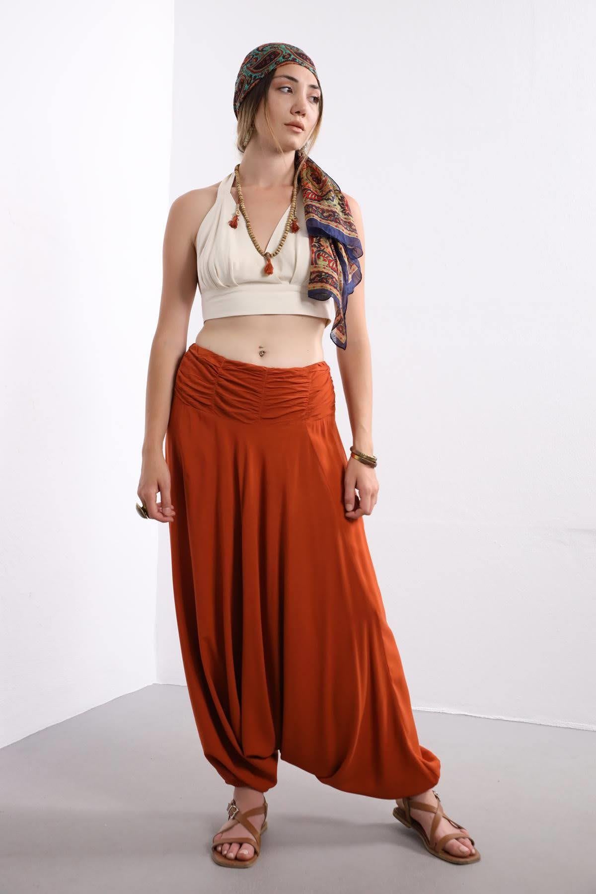 Kiremit Rengi Drape Düşük Ağlı Şalvar - Şaman Butik Kiremit Rengi Drape Düşük Ağlı Şalvar