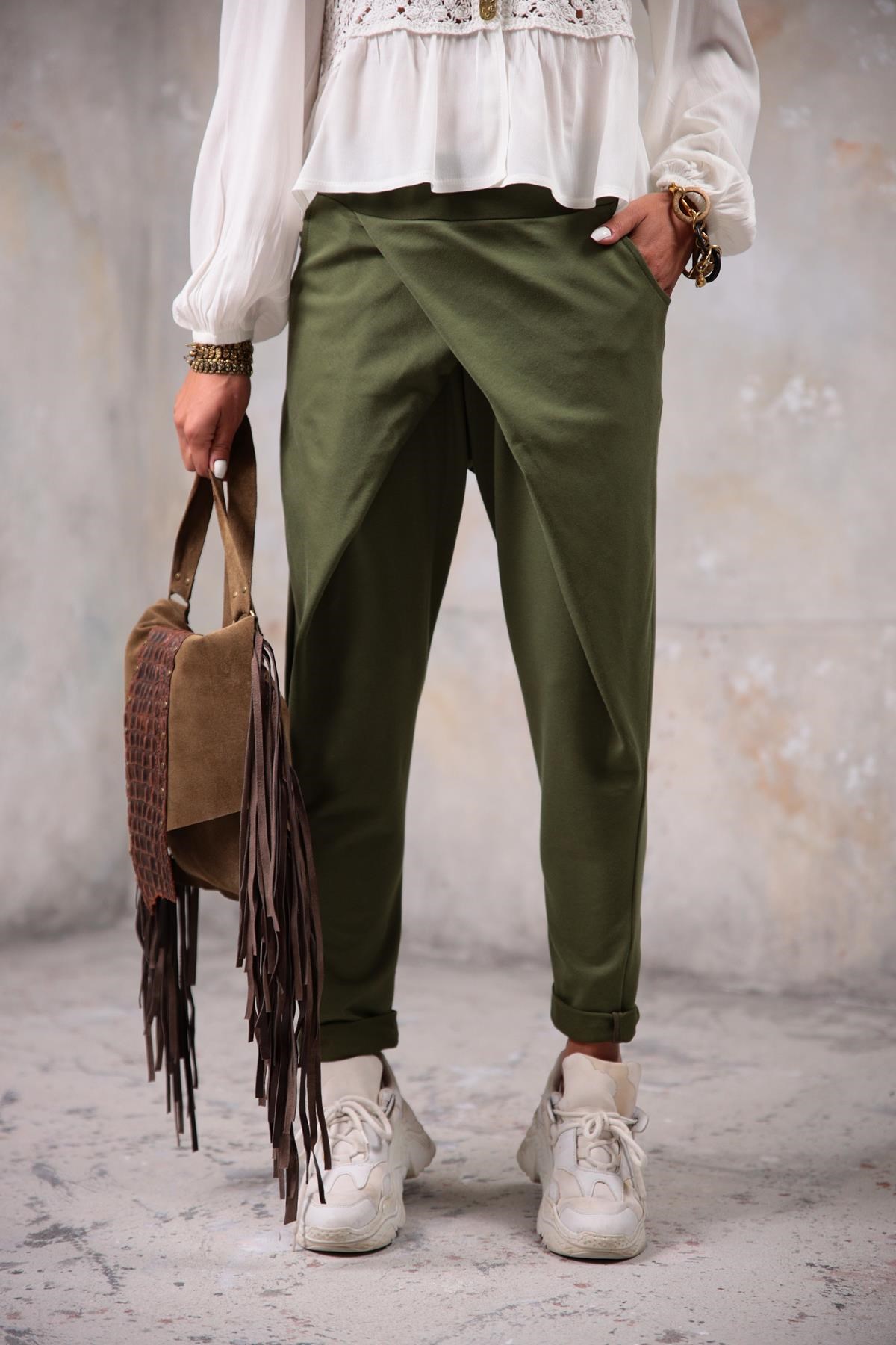 Navy Green Crossover Drop Crotch Trousers - Saman Butik | Shop Online Navy Green Crossover Drop Crotch Trousers