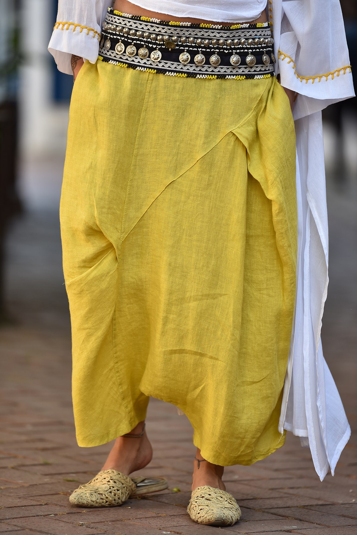 Haki Önü Dikişli Keten Şalvar - Şaman Butik  - Online Alışveriş Sitesi | Kadın ve Erkek Giyim Sarı Önü Dikişli Keten Şalvar