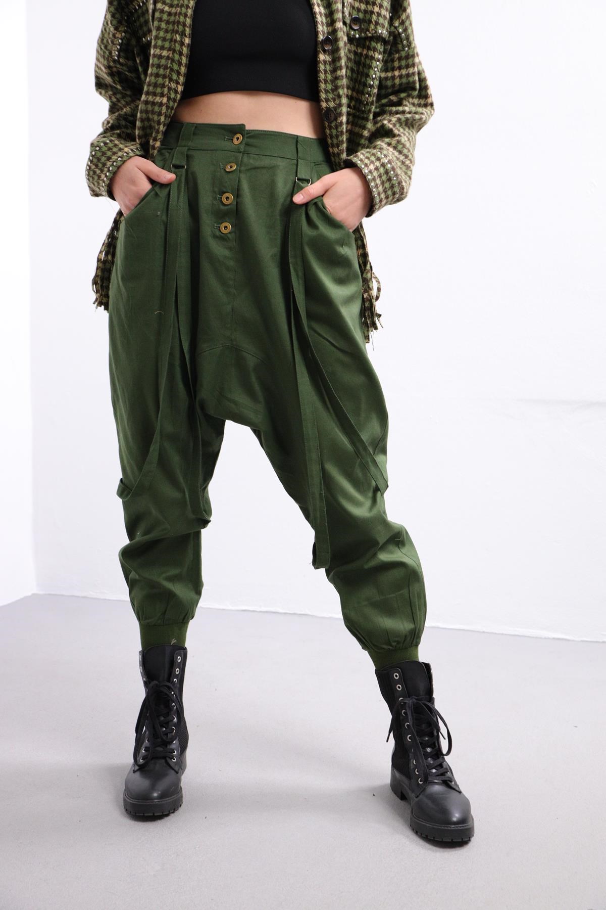 Yeşil İpli Şalvar - Şaman Butik | Boho Fashion Green Harem Trouser with Ropes