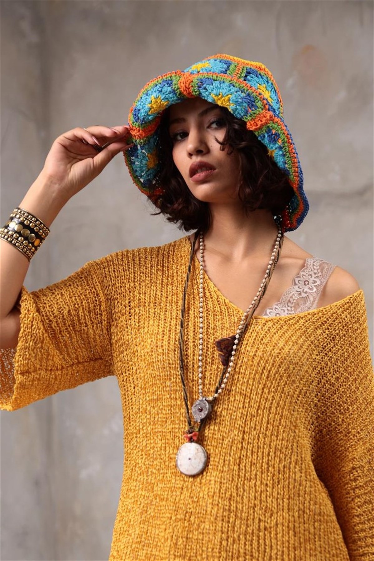 Renkli Desenli Hasır Şapka - Şaman Butik - Bohem Giyim ve Aksesuar | Kadın  & Erkek