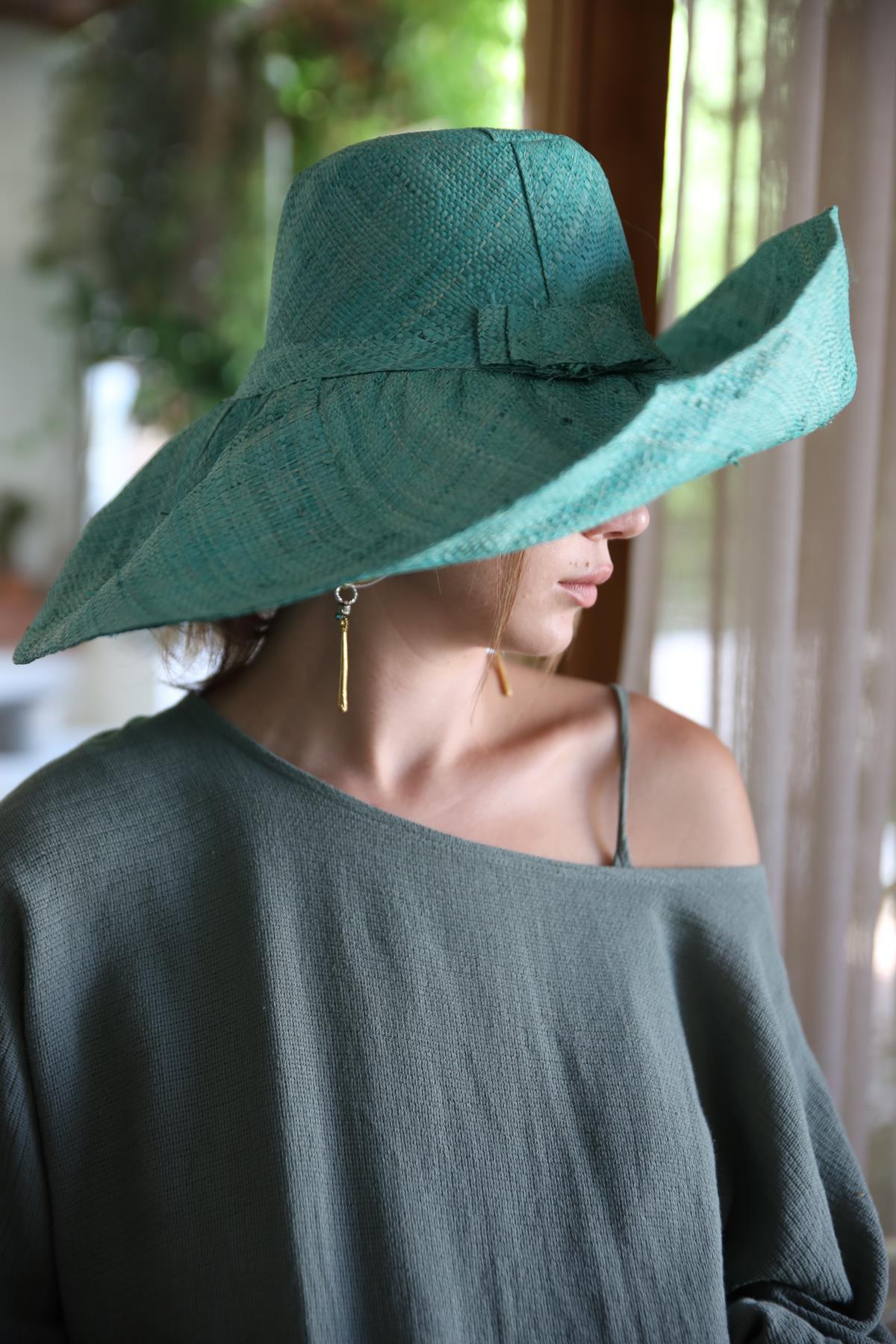 Turkuaz Rafya Şapka - Şaman Butik Turkuaz Rafya Şapka