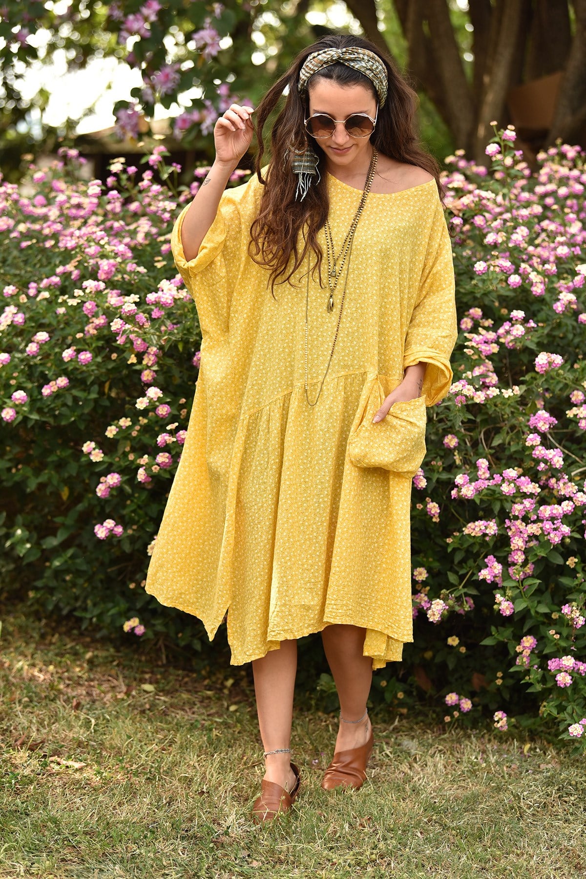 Sarı Minik Çiçekli Cepli Elbise