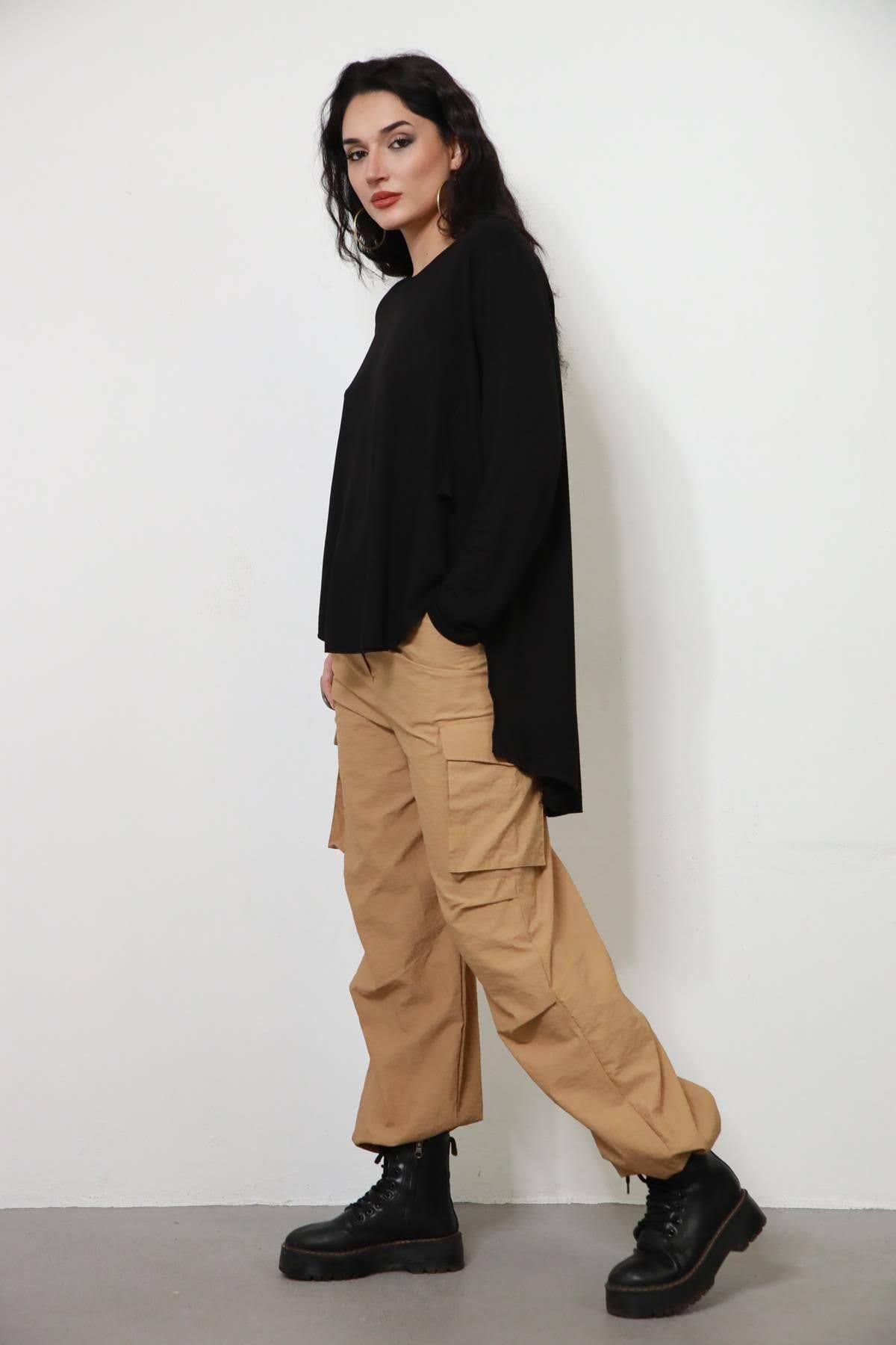 Black Crew Neck Shorter Front Tunic