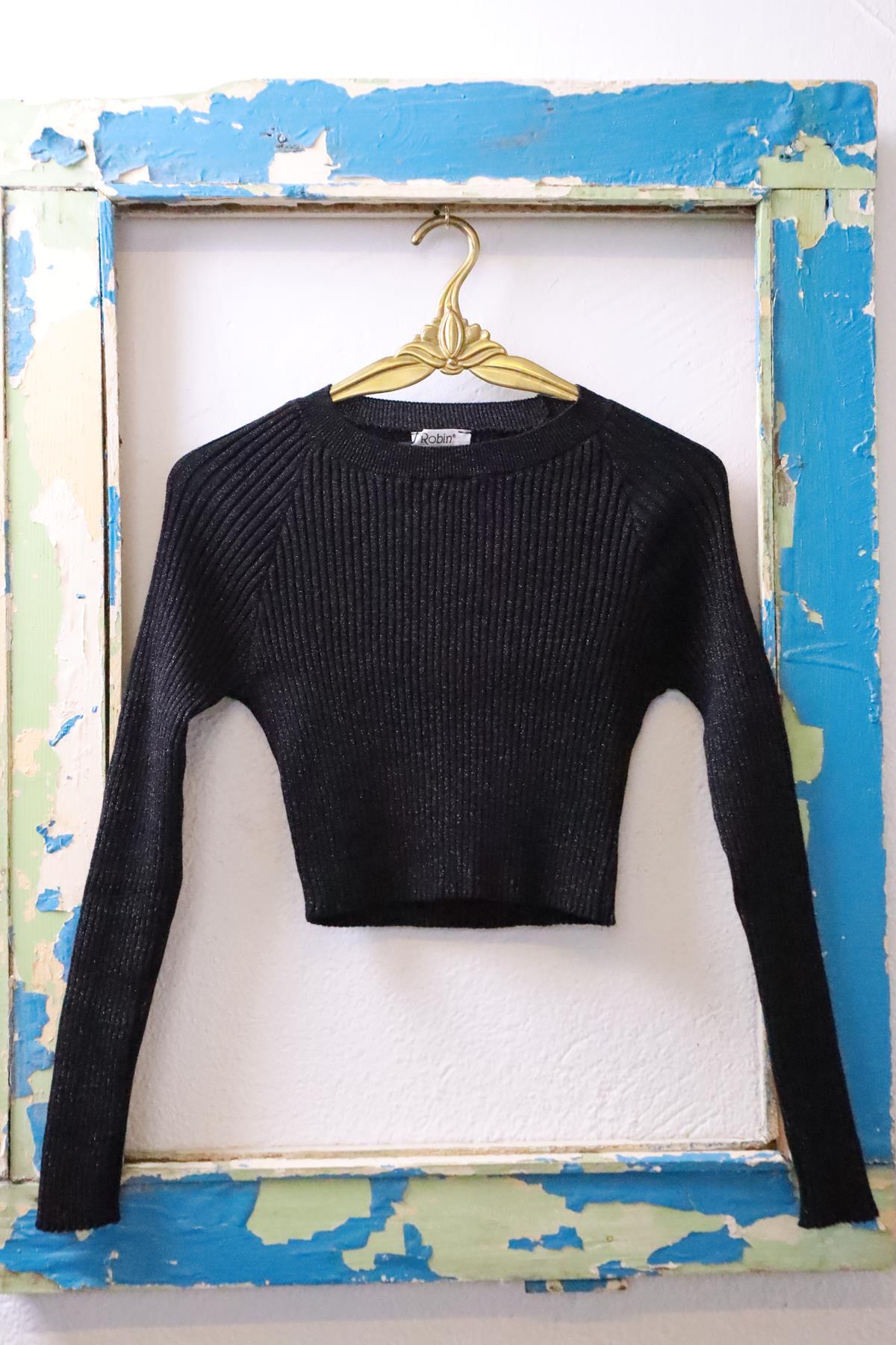 Siyah Bisiklet Yaka Simli Crop Bluz