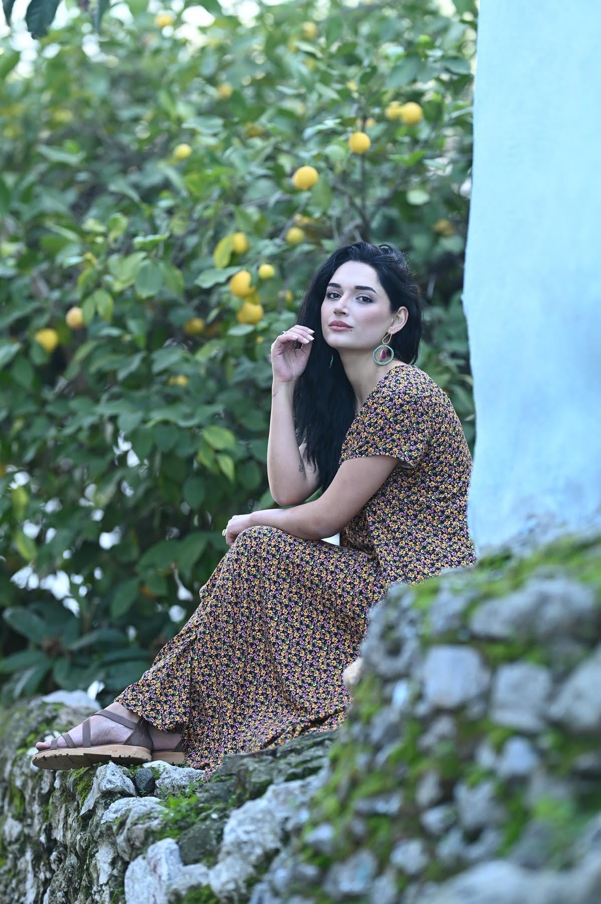 Black Flower Patterned Ruffled Long Dress