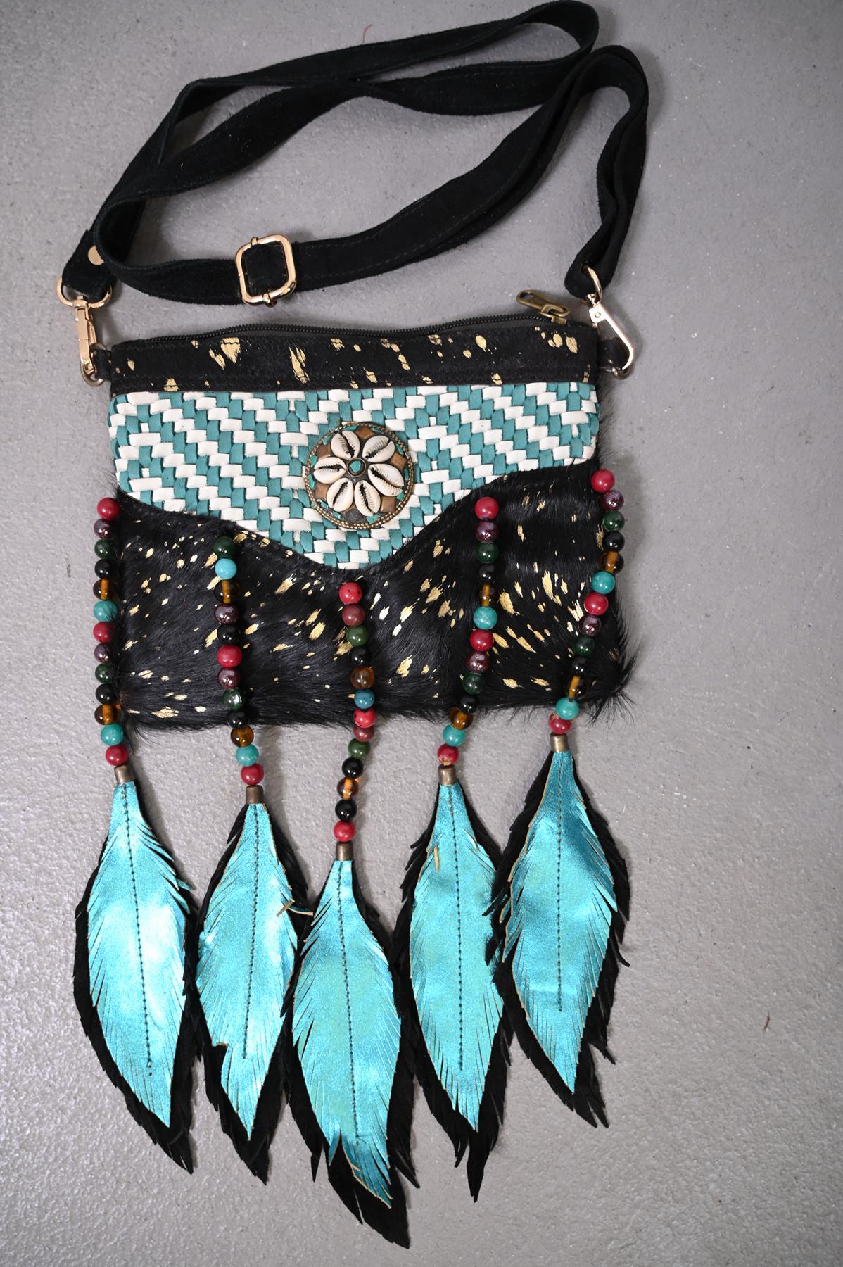 Siyah Deniz Kabuklu Boncuk Püsküllü Tay Tüyü Tasarım Çanta