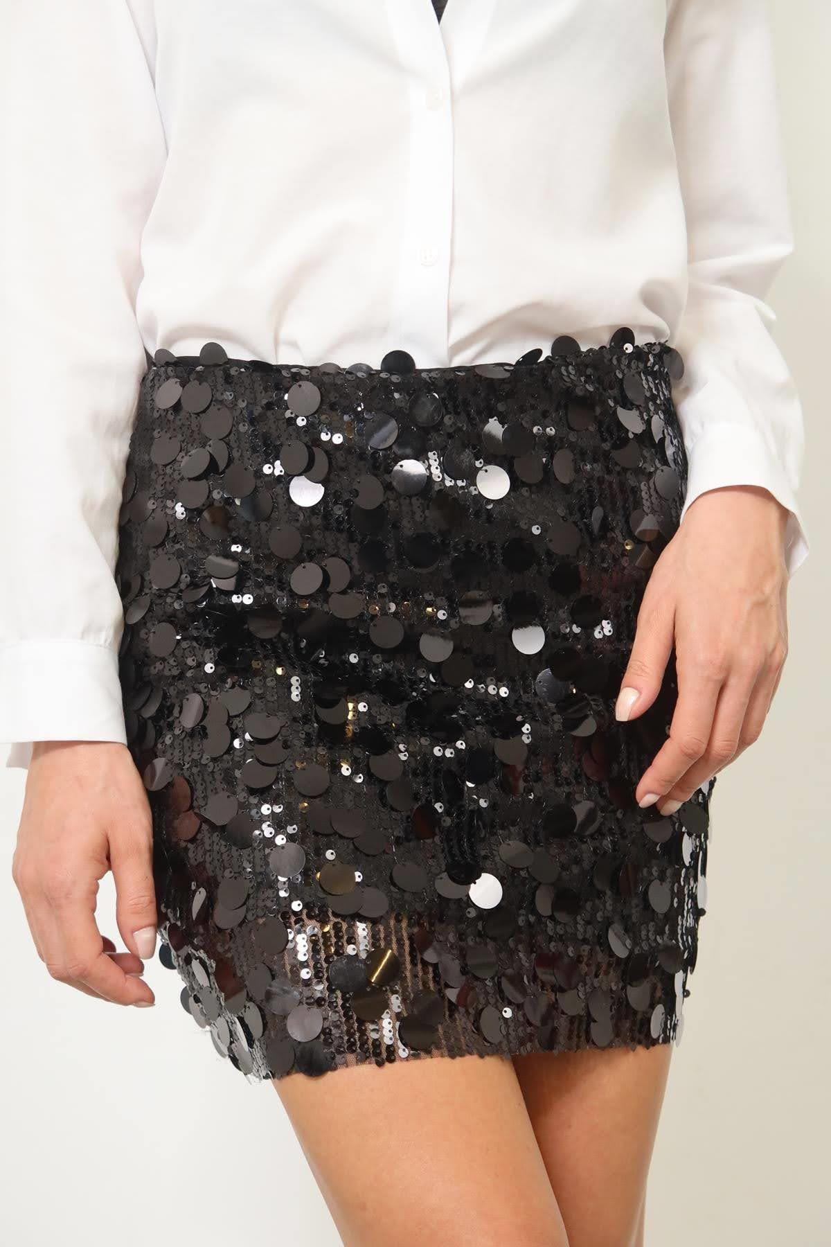 Siyah İri Pullu Mini Payet Etek