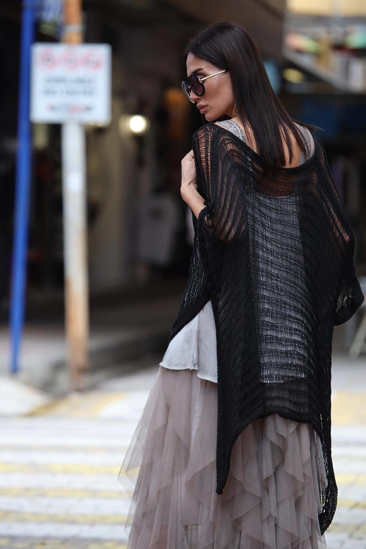 Siyah Önü Çapraz File Triko Bluz