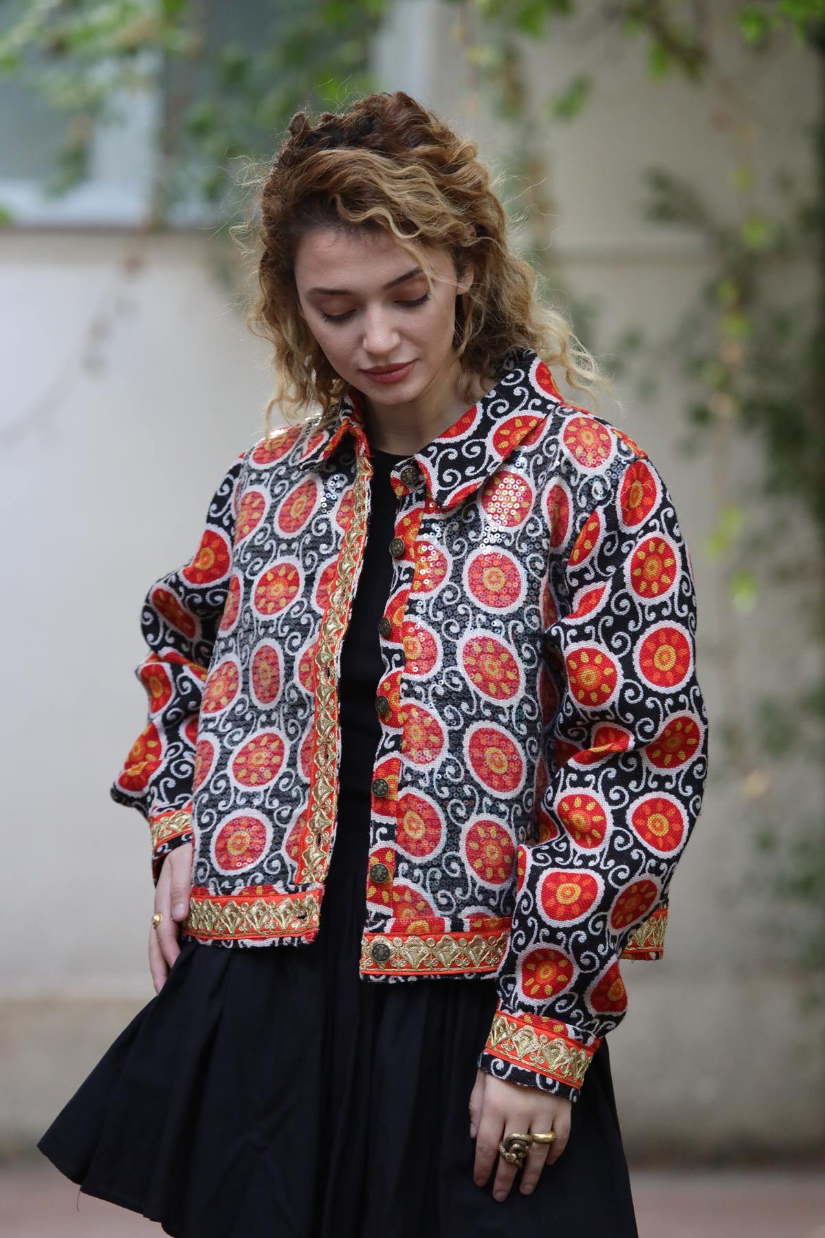 Siyah Otantik İşlemeli Payetli Ceket