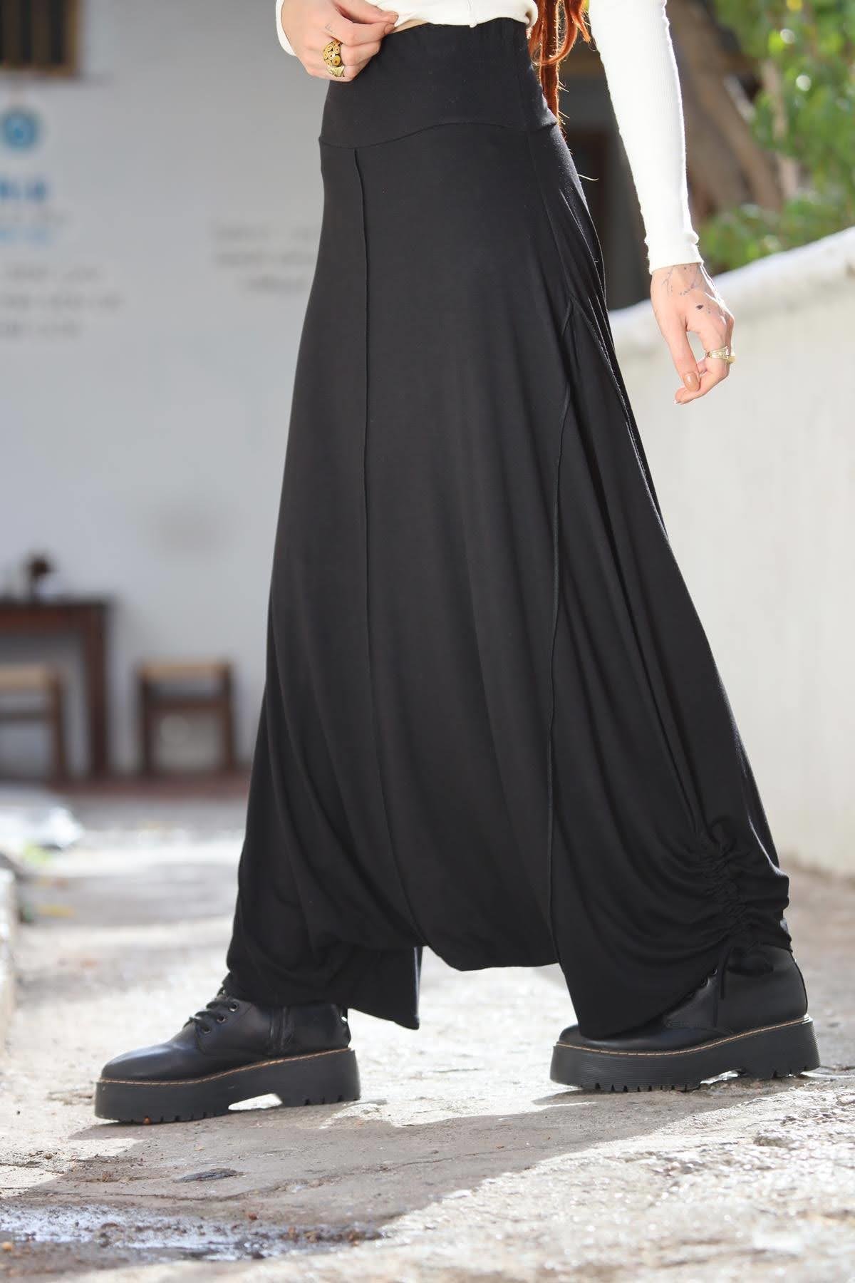 Black Tied Cuff Stitch Detailed Harem Pants